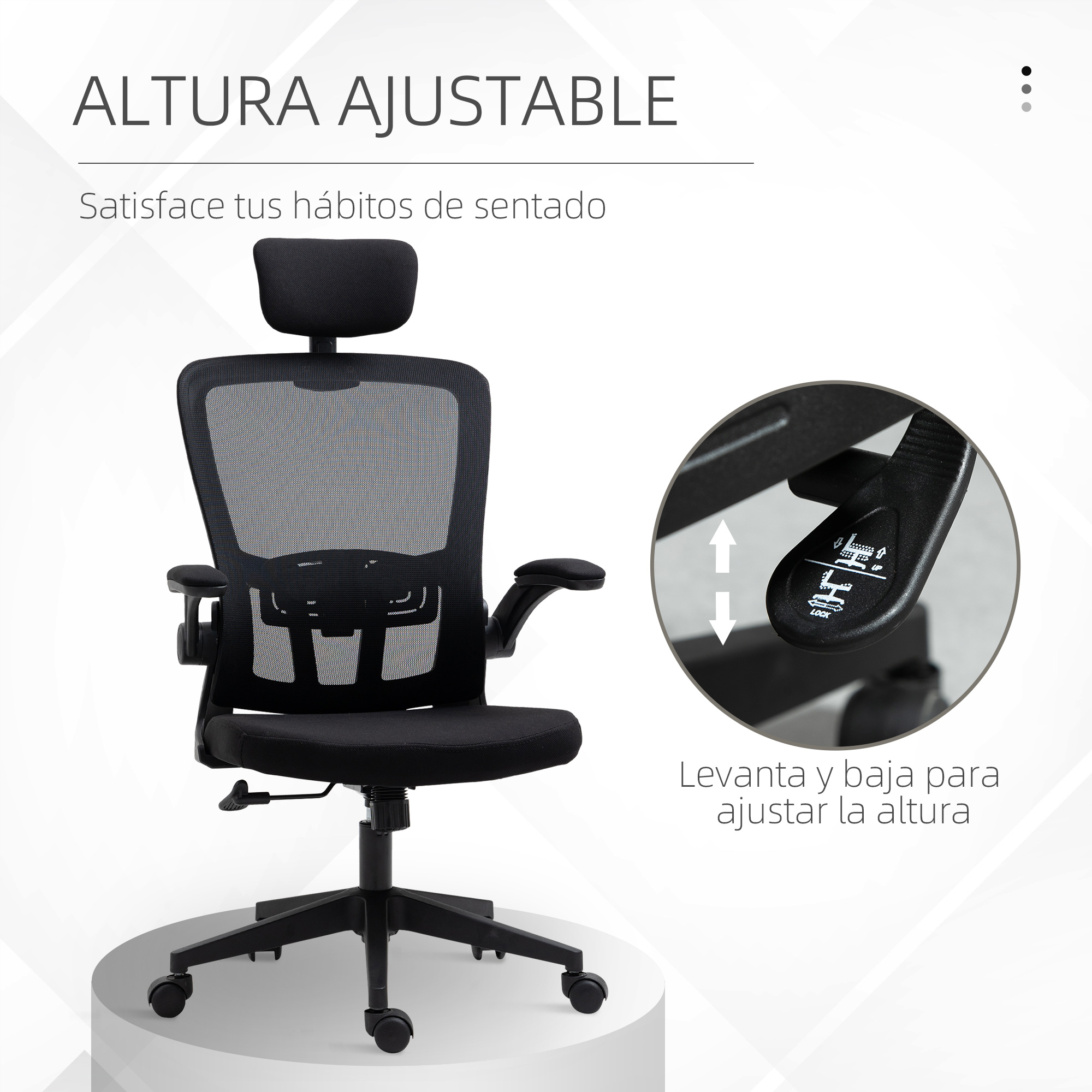 Silla de oficina negra con respaldo de malla, altura ajustable y reposacabezas, con dial.