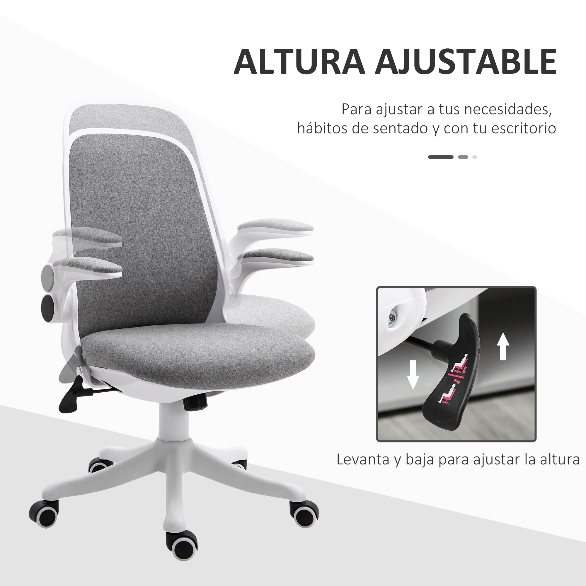 Una silla de oficina con altura ajustable. Tiene asiento gris, marco blanco y ruedas.