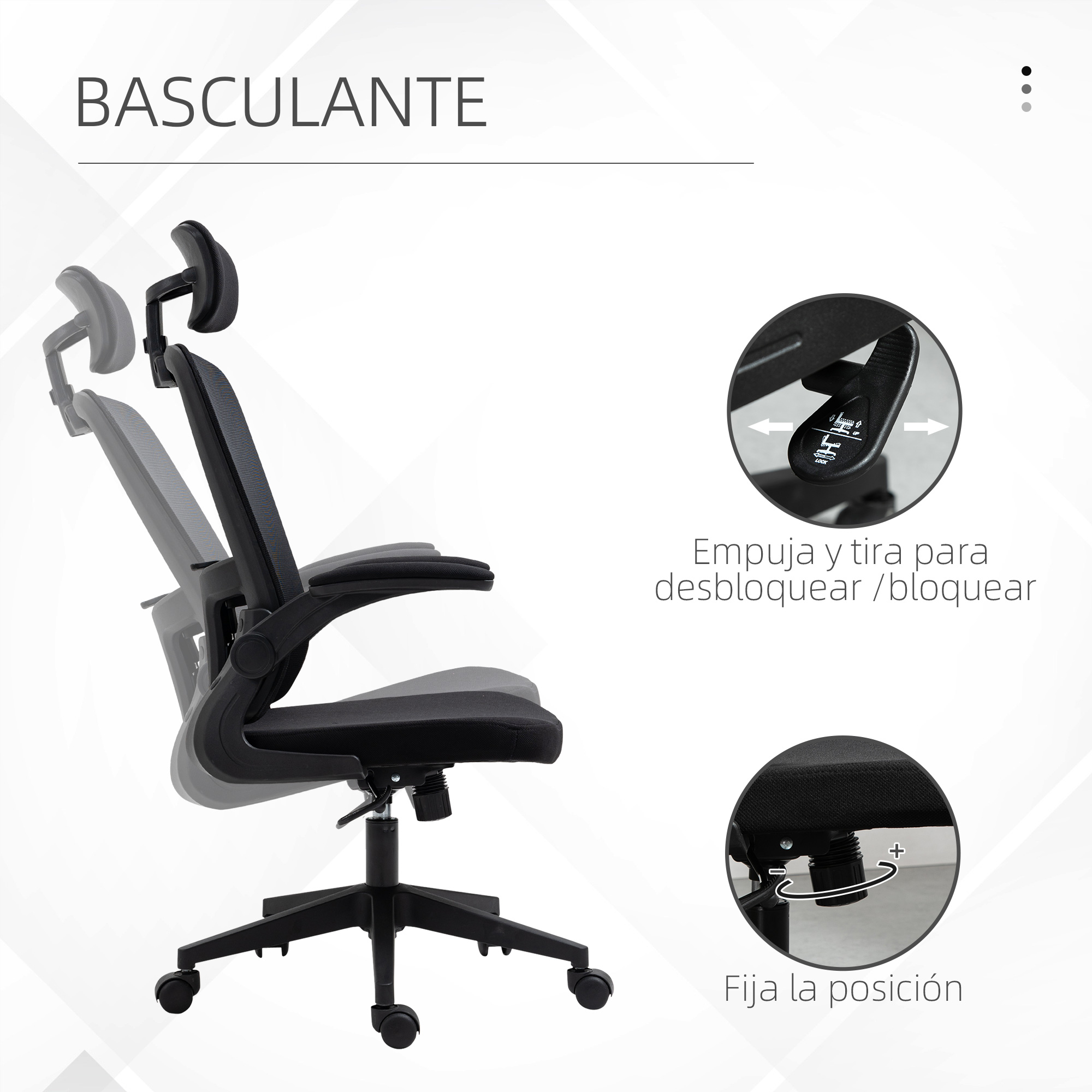 Silla de oficina negra. Tiene reposacabezas, reposabrazos y ruedas. Se reclina.