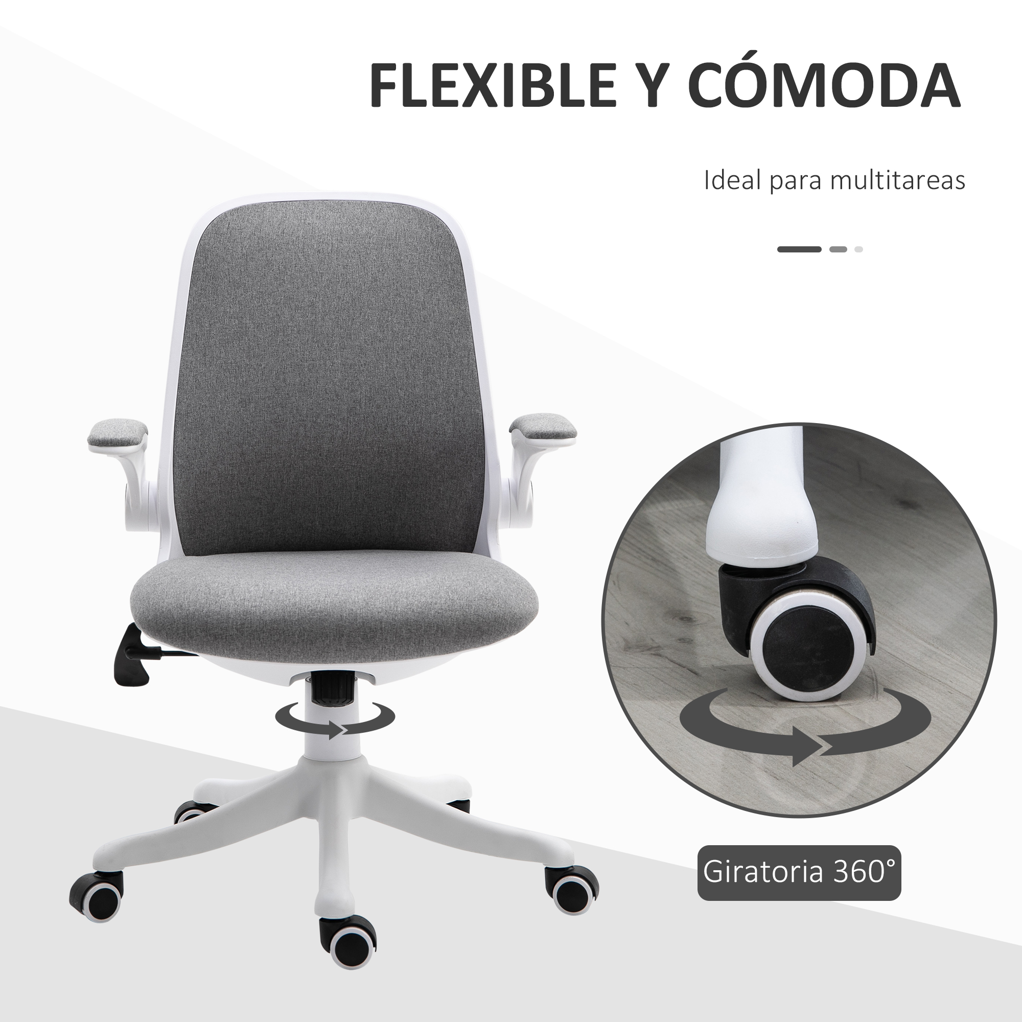 Silla de oficina gris y blanca con funciones ajustables, ruedas visibles.