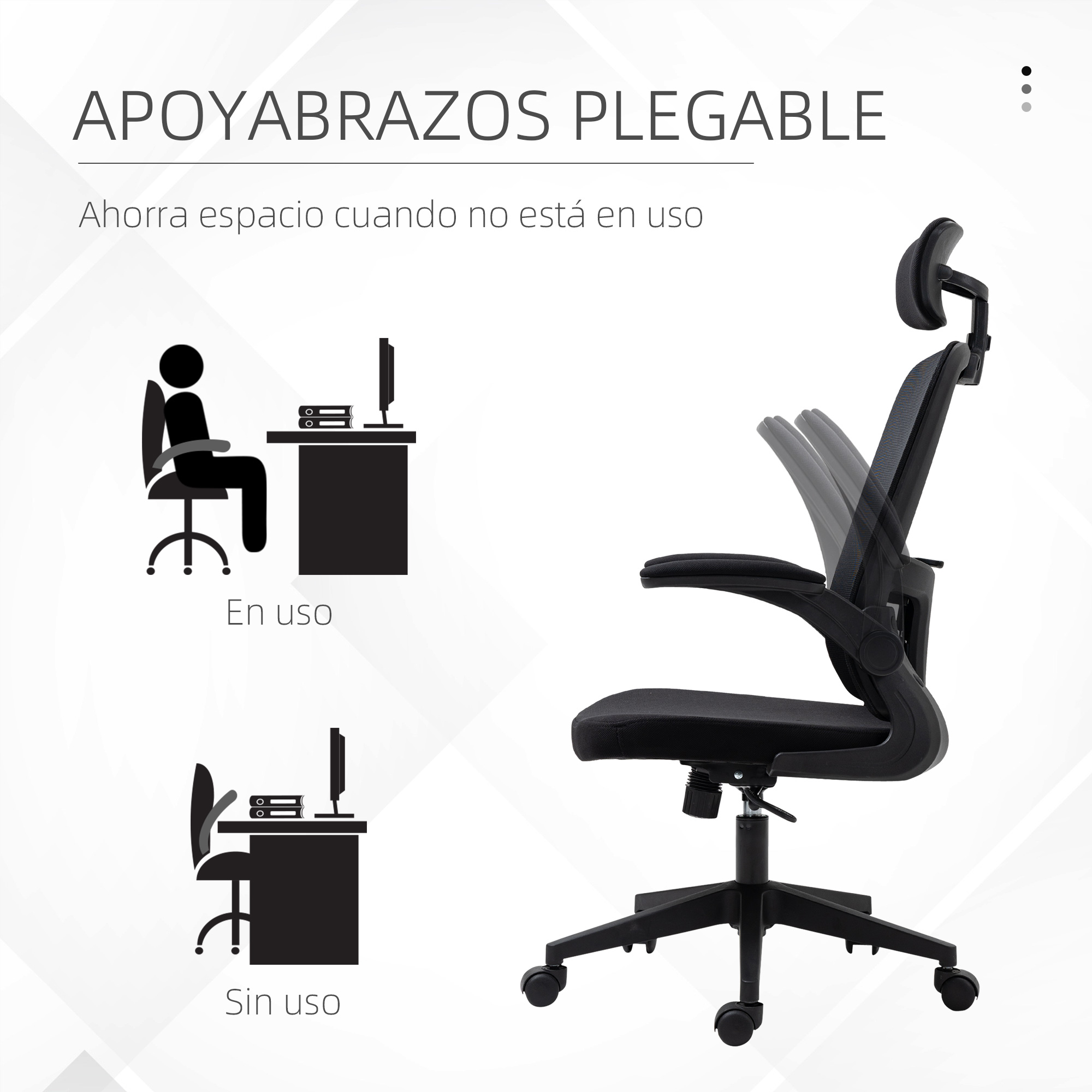 Diagrama de una silla de oficina negra ajustable, mostrando posiciones en uso y fuera de uso.