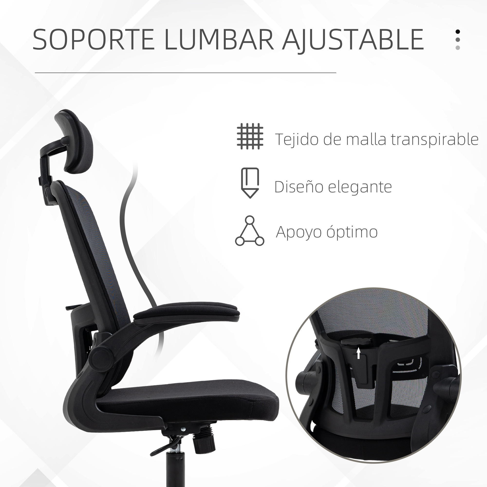Una silla de oficina ergonómica negra con respaldo de malla transpirable y soporte lumbar ajustable, con un diseño elegante.