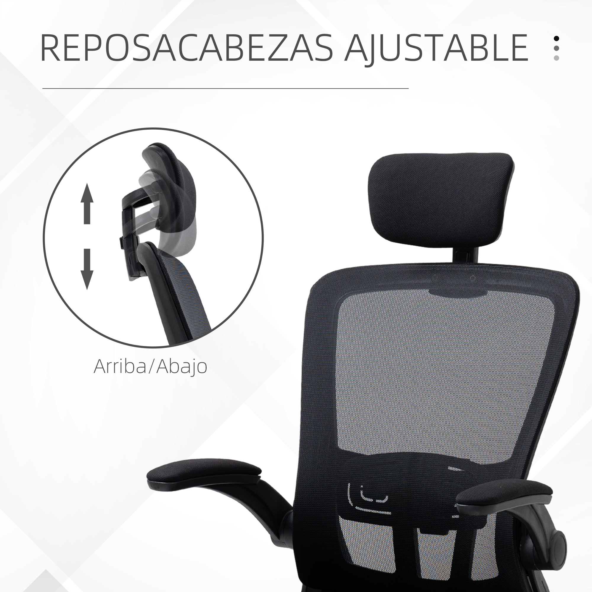 Silla de oficina negra de malla con reposacabezas ajustable. Flechas indican movimiento arriba/abajo.
