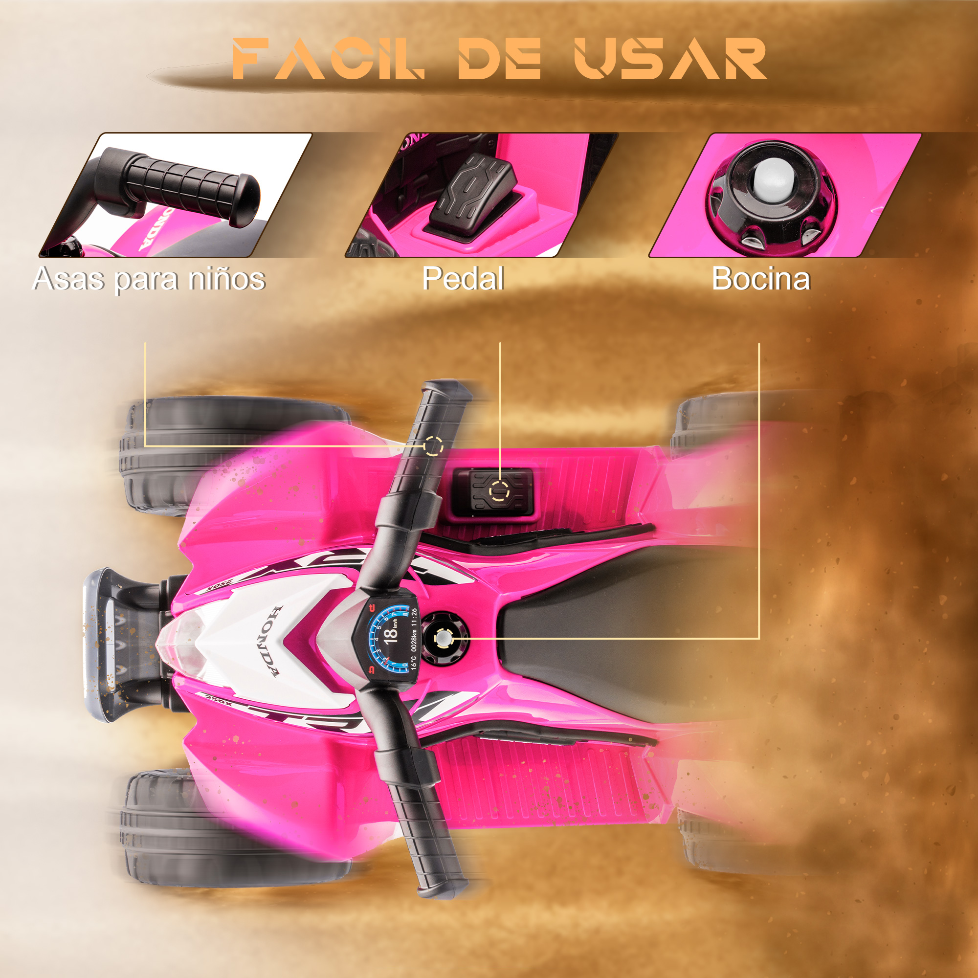 ATV rosa para niños con detalles de manillar, pedal y bocina. El ATV está sobre una superficie de tierra. Toma de cerca.