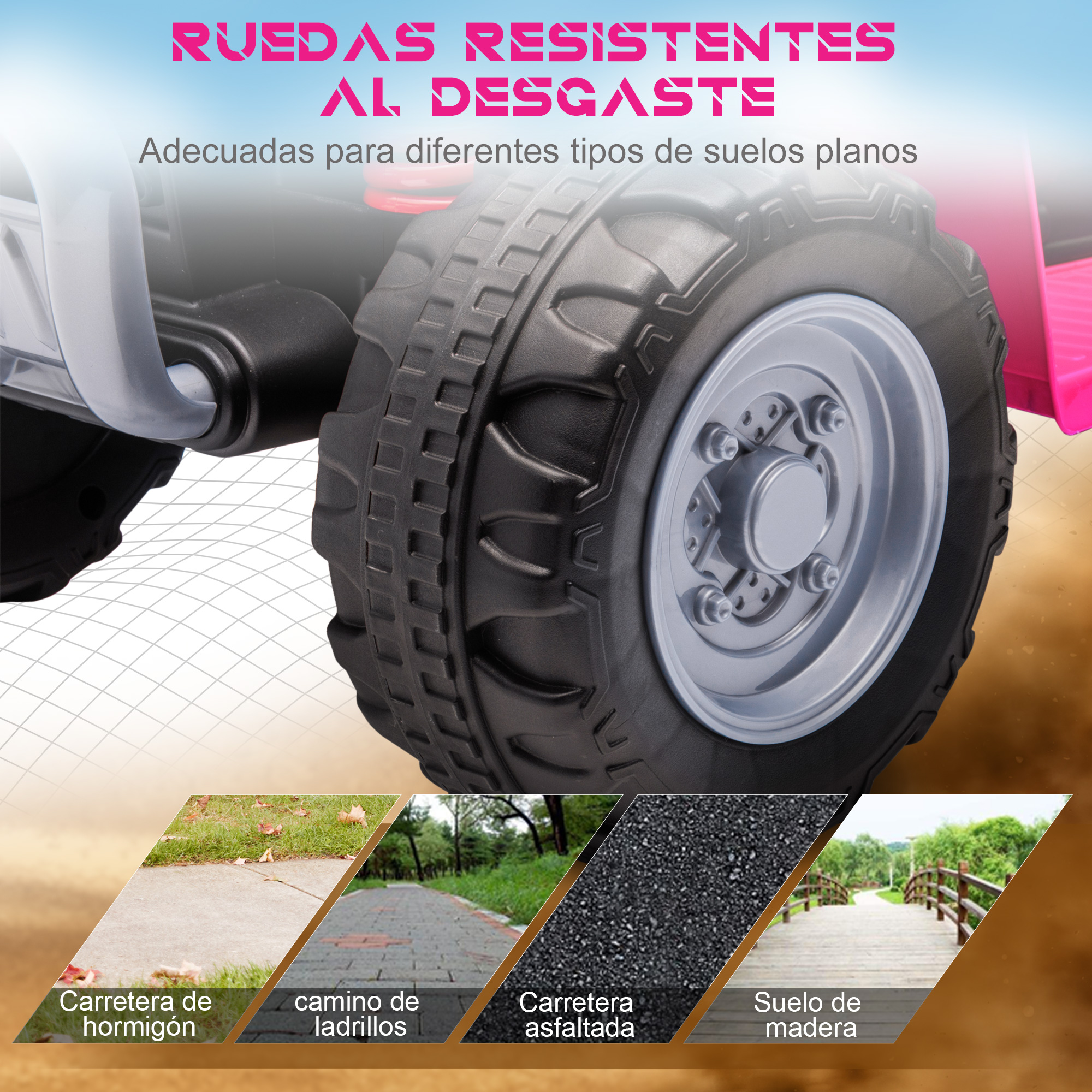 Ruedas de coche de juguete negras y rosas, mostrando los neumáticos y las diferentes superficies.