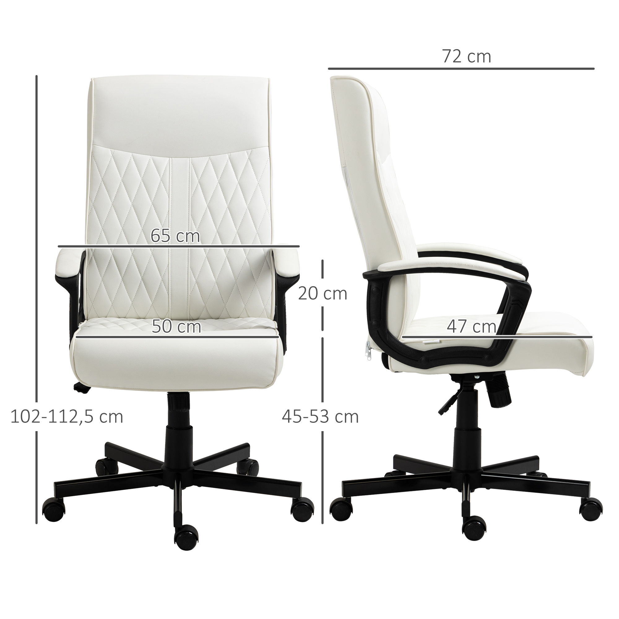 Silla de oficina blanca con dimensiones mostradas, incluyendo altura, ancho y tamaño de reposabrazos.