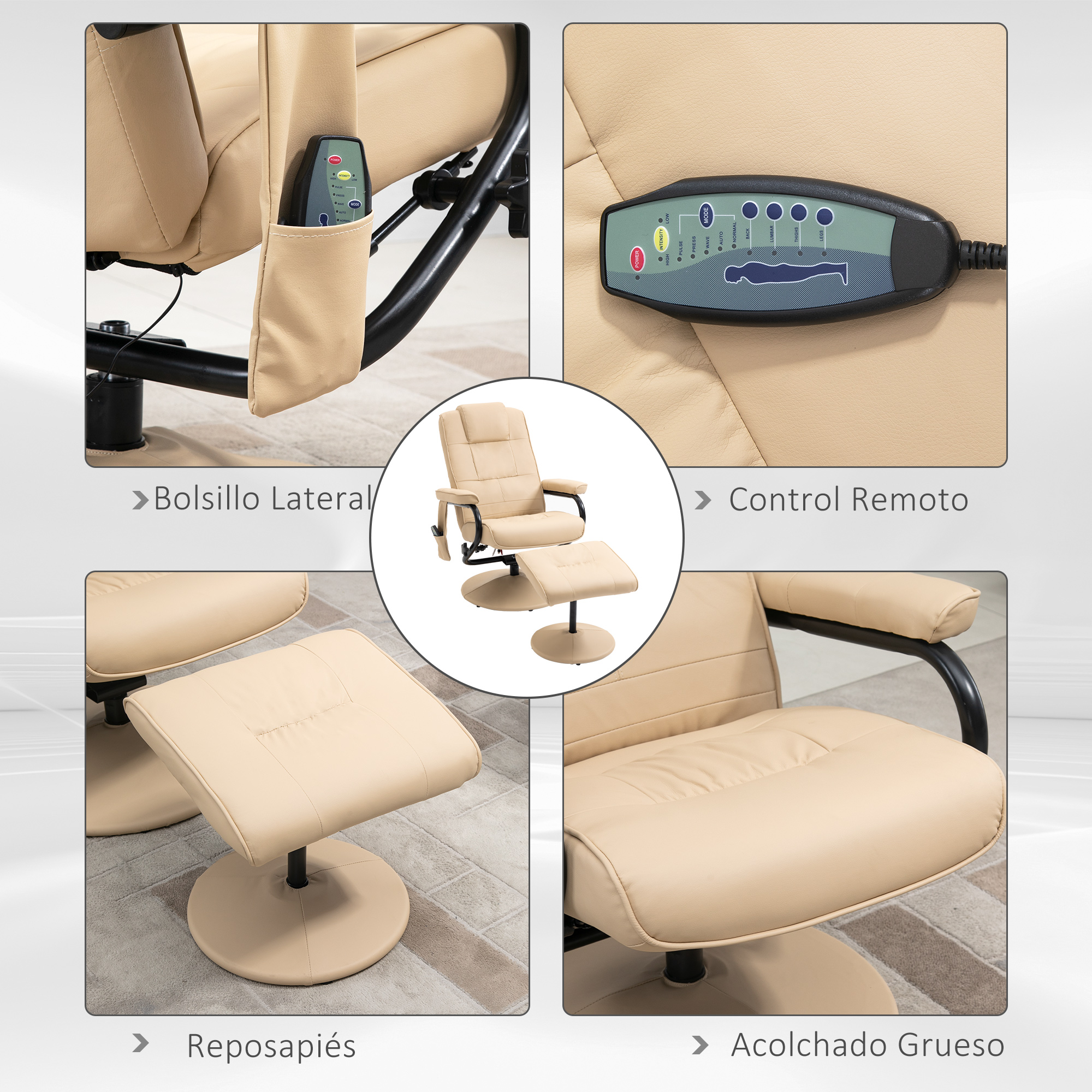 Un sillón reclinable beige con bolsillo lateral y mando a distancia. Tiene reposapiés y asiento acolchado grueso.