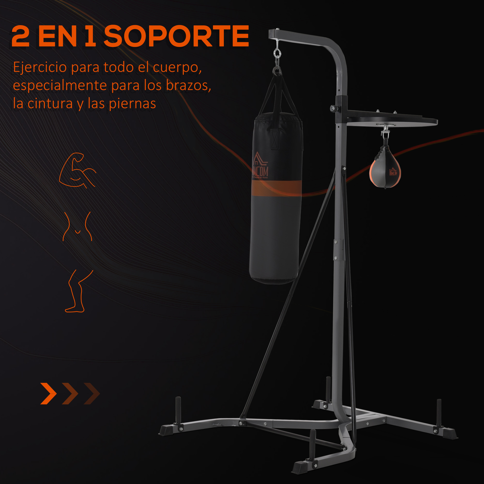 Un soporte de boxeo negro con un saco de boxeo y una bolsa de velocidad, con instrucciones gráficas.