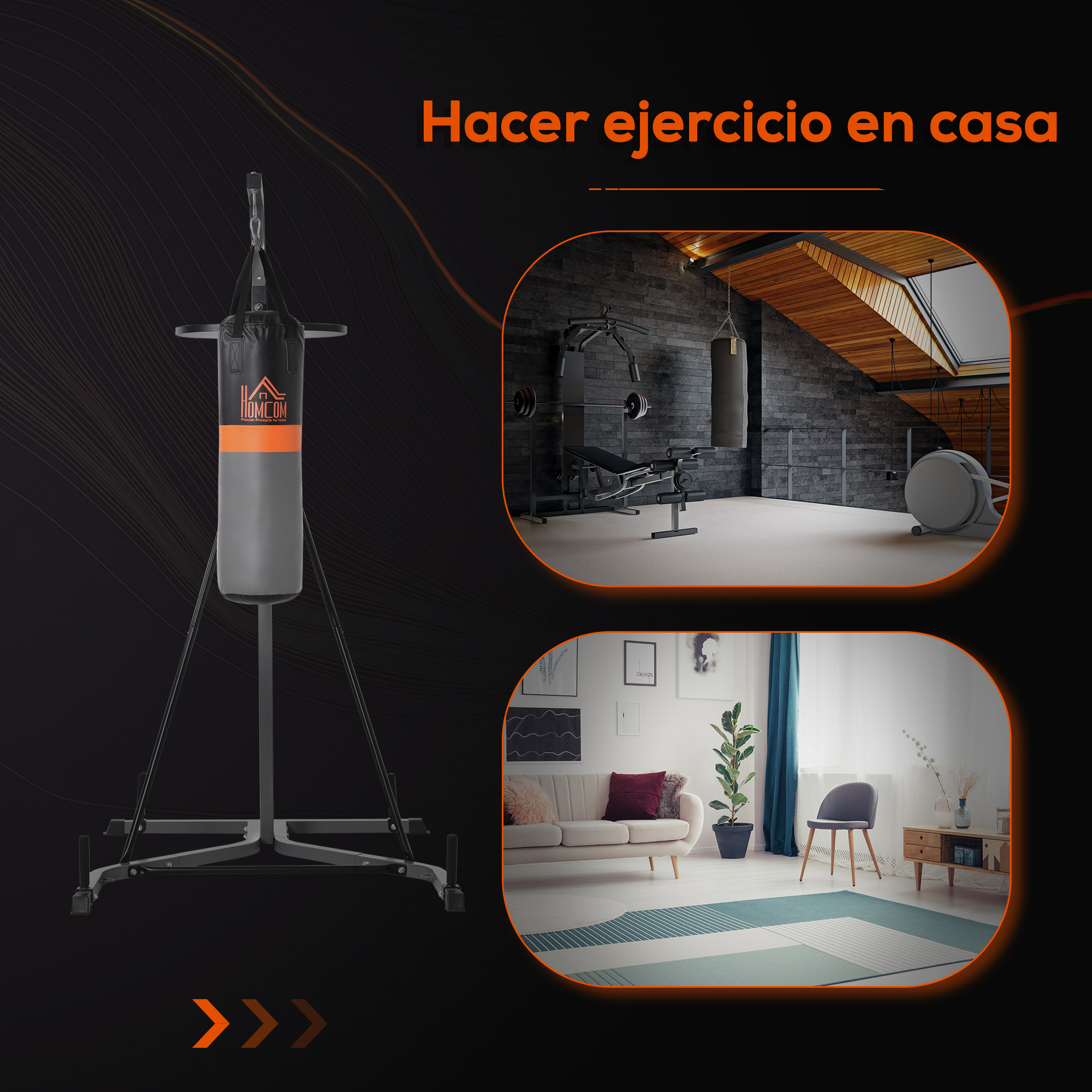 Saco de boxeo con soporte. Dos imágenes incrustadas muestran un gimnasio y una sala de estar.