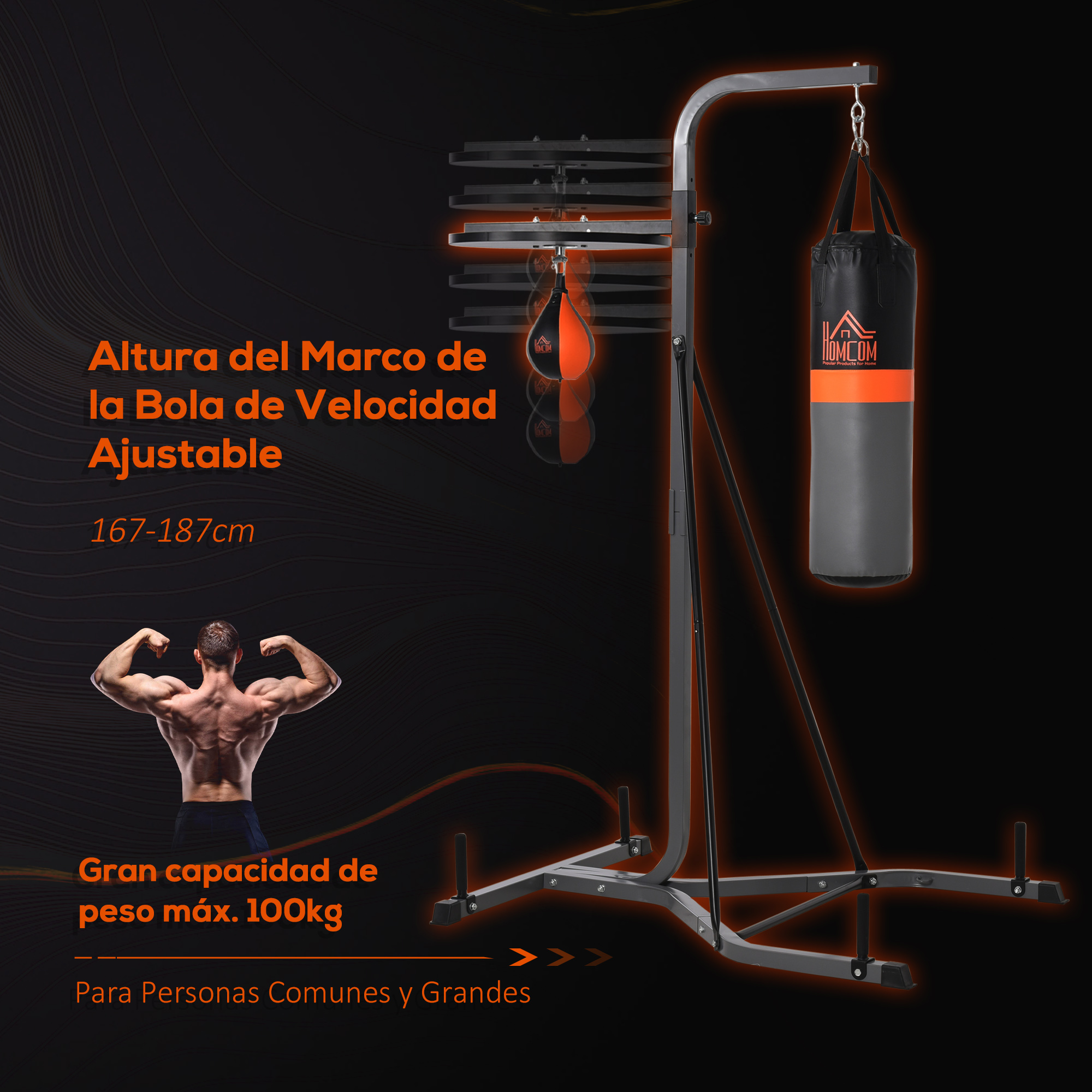 Juego de boxeo con saco colgante, pera de velocidad y hombre flexionando músculos, negro y naranja.