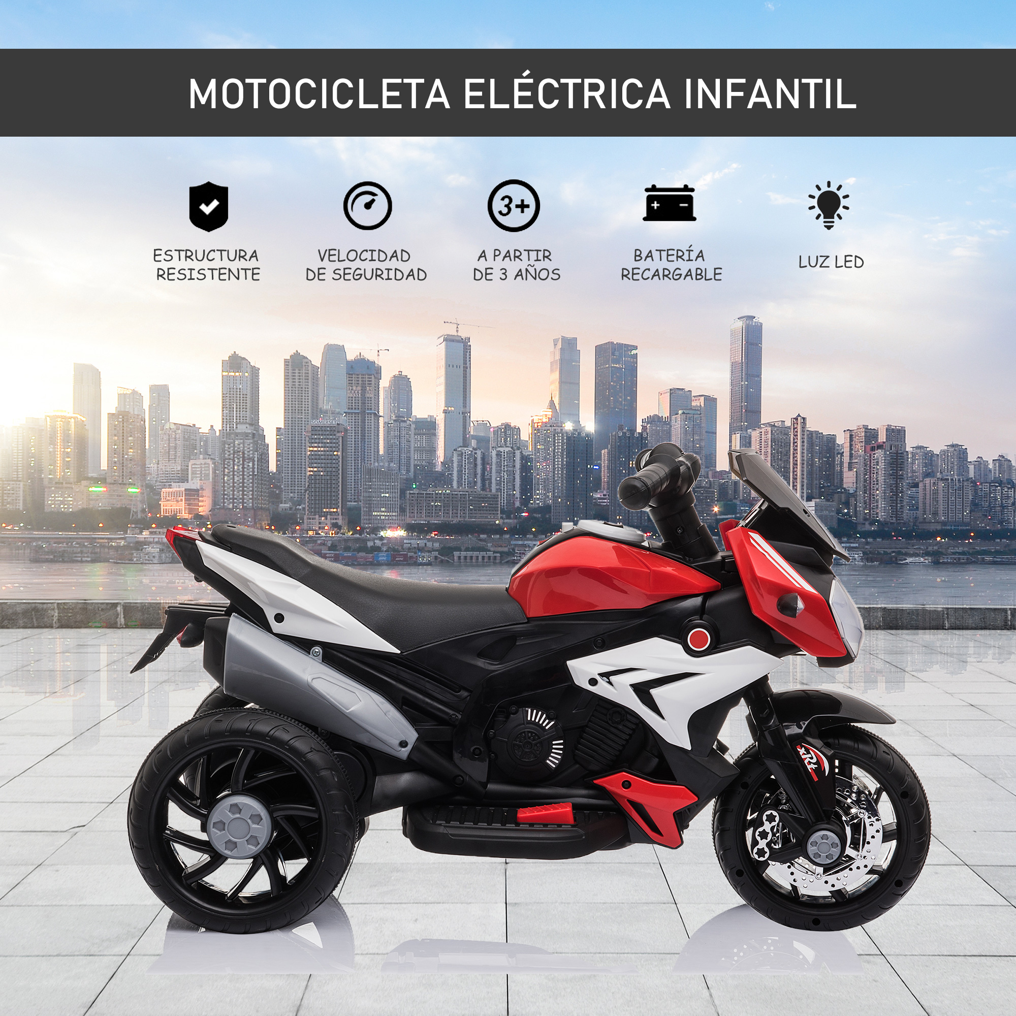 Motocicleta de juguete roja, blanca y negra con fondo de ciudad e iconos.