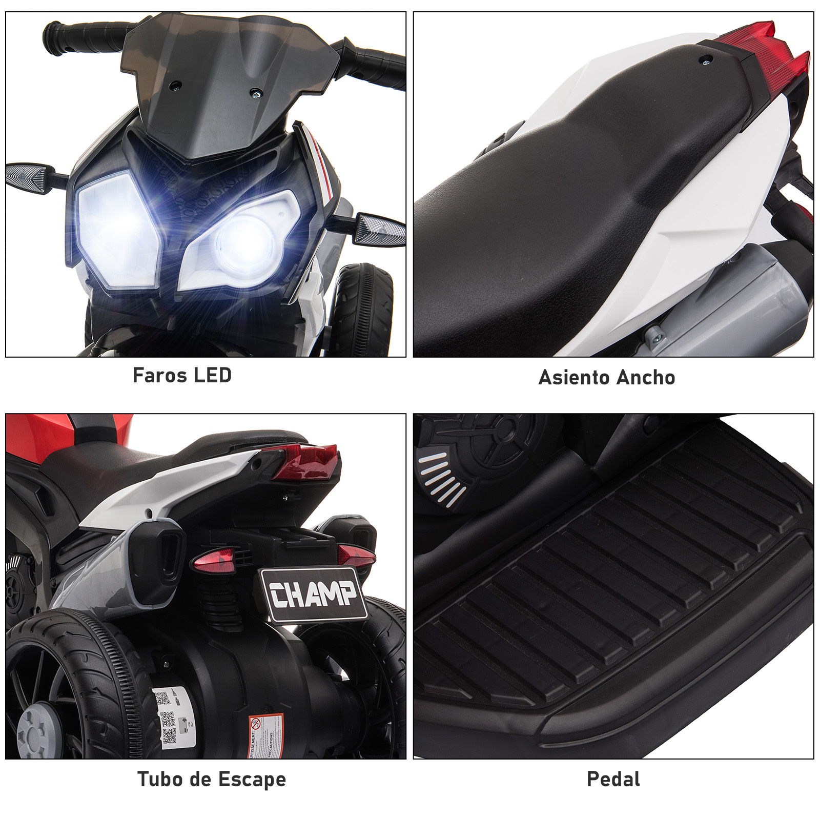 Motocicleta de juguete con faros LED, asiento ancho, tubo de escape y pedal.