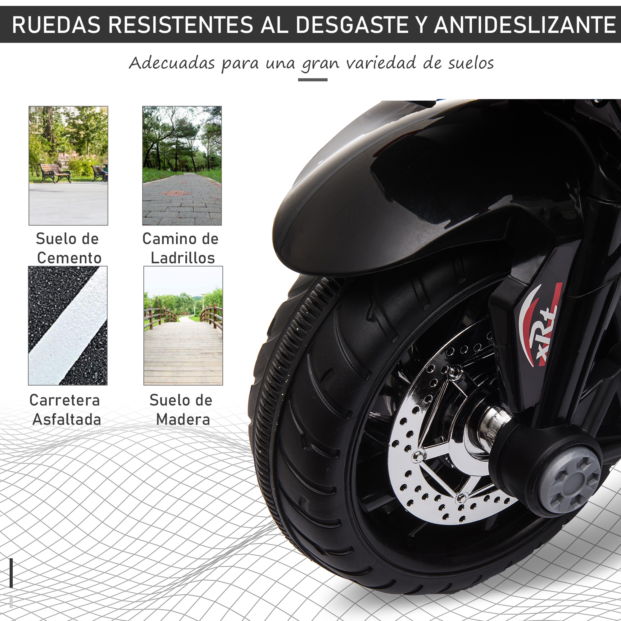 Primer plano de la rueda de una motocicleta sobre varias superficies: cemento, ladrillo, asfalto, madera. Texto: Ruedas resistentes al desgaste y antideslizantes.