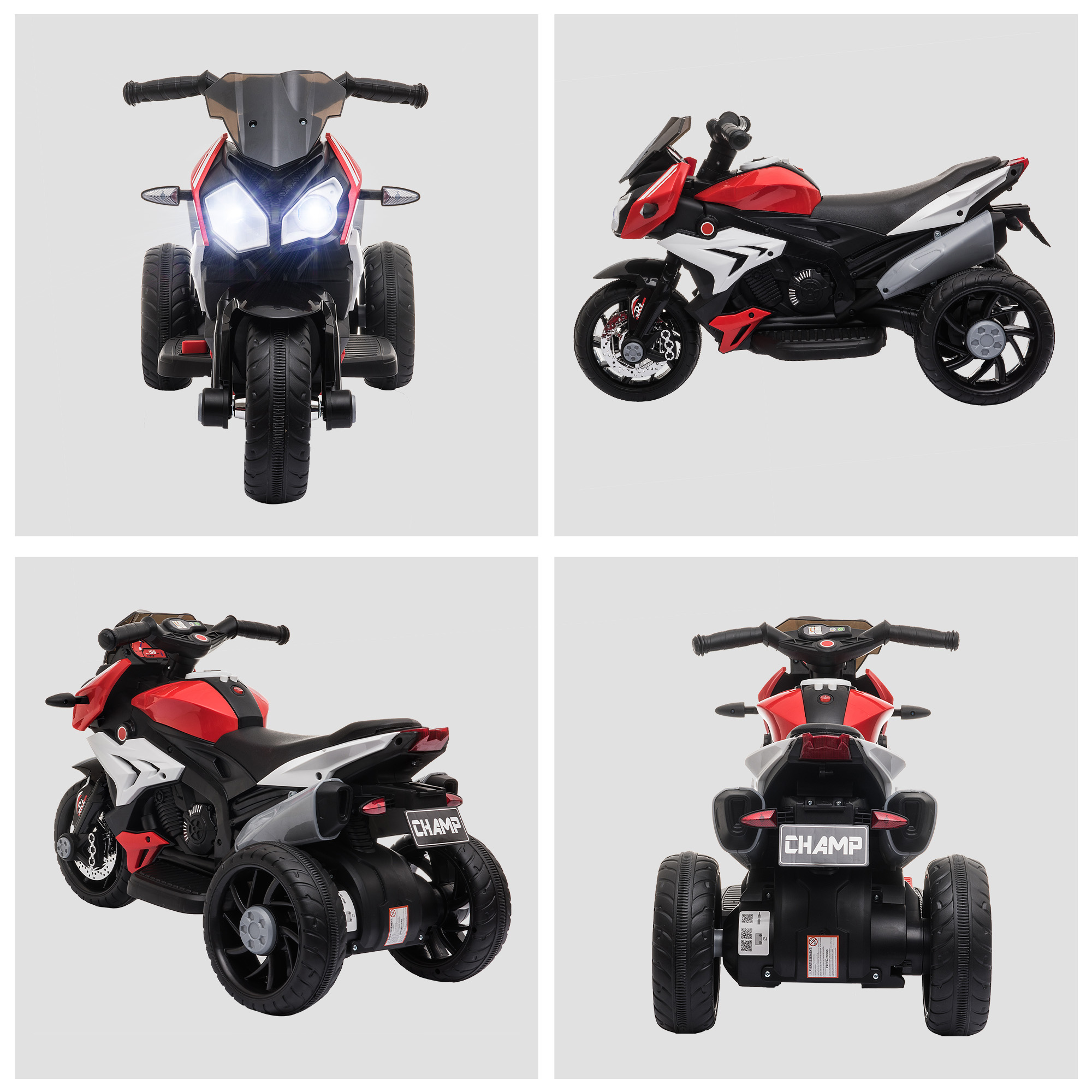 Cuatro imágenes de una moto para niños roja y negra con detalles blancos. Tiene tres ruedas.