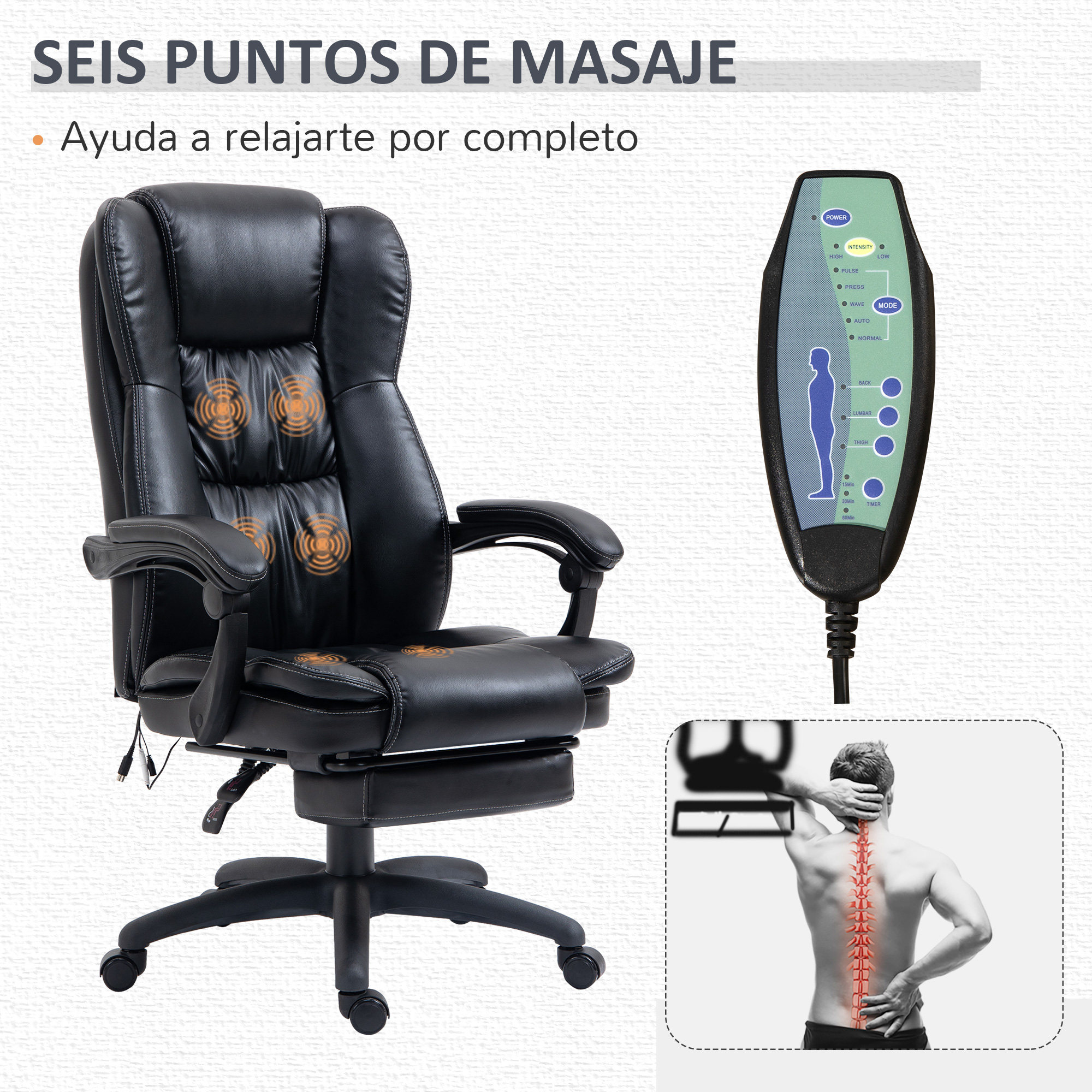 Silla de masaje negra con panel de control y un diagrama del cuerpo con áreas resaltadas para el masaje.