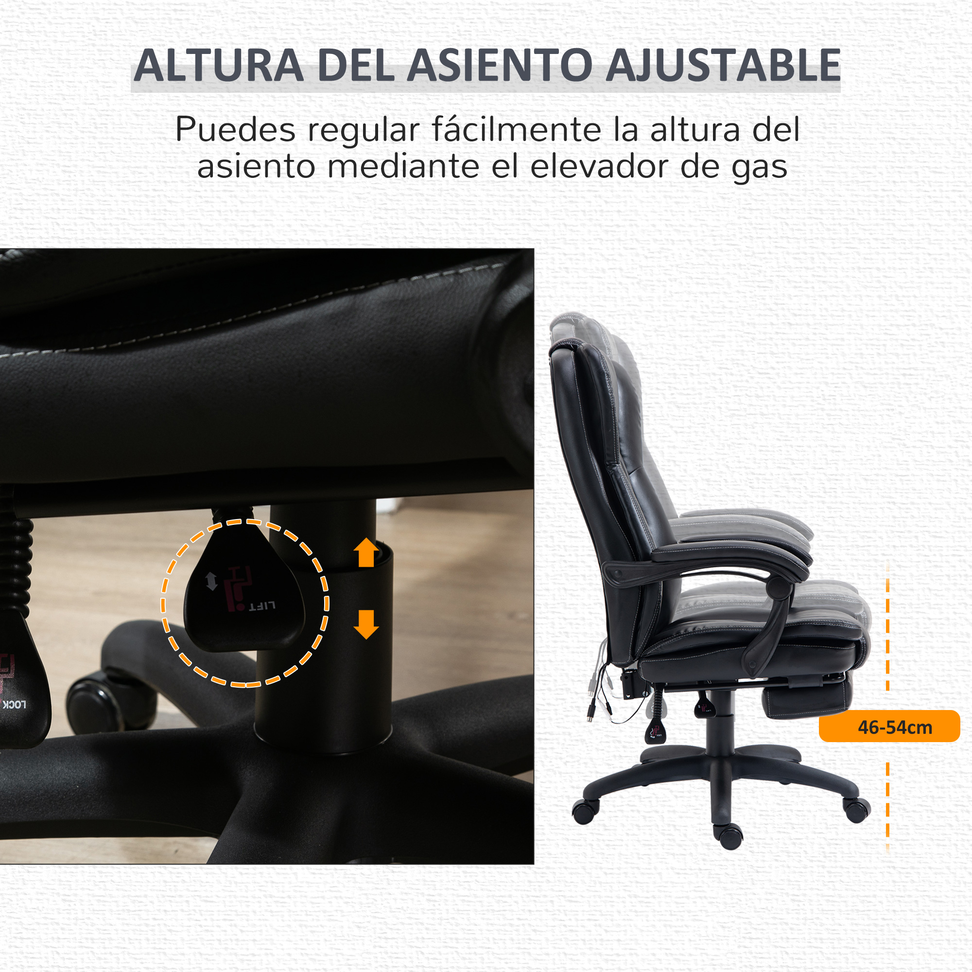 Silla de oficina negra con altura ajustable. Se muestra el mecanismo de ajuste.