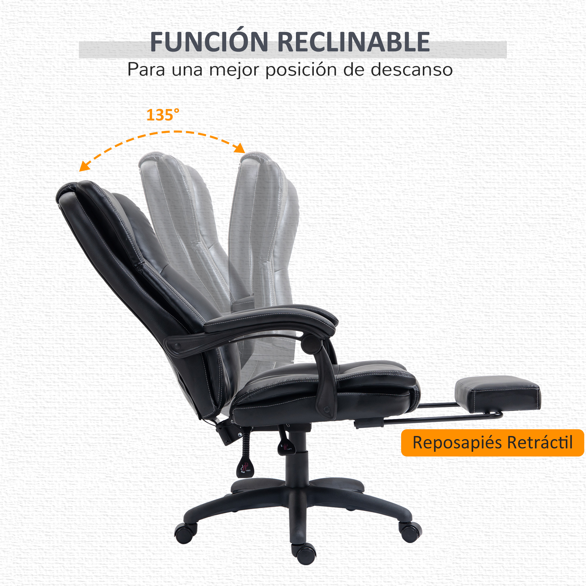 Silla de oficina negra reclinada. La imagen muestra diferentes posiciones reclinadas, con reposapiés extendido.