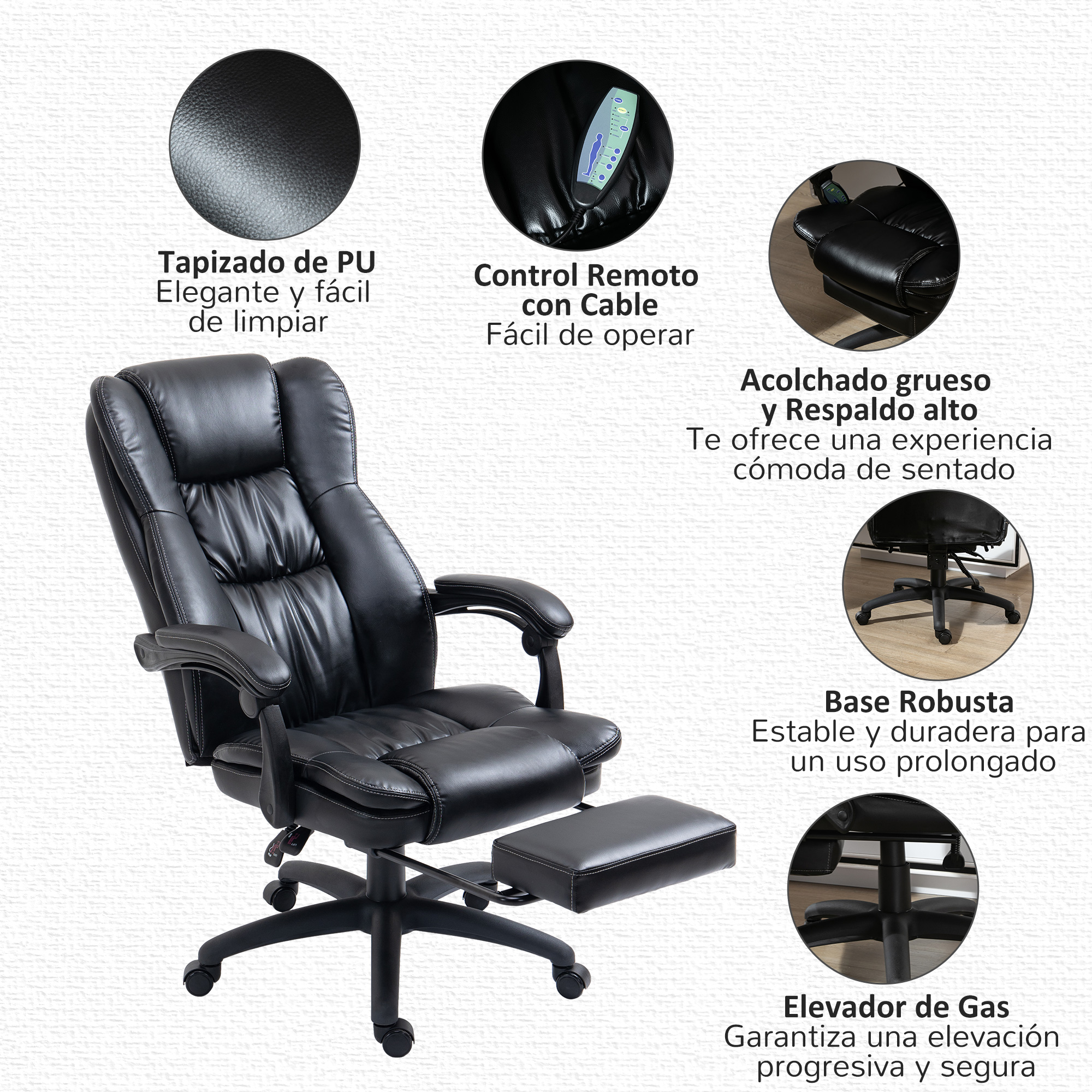 Silla de oficina negra con reposapiés y características: cuero PU, control remoto, acolchado grueso y base robusta.