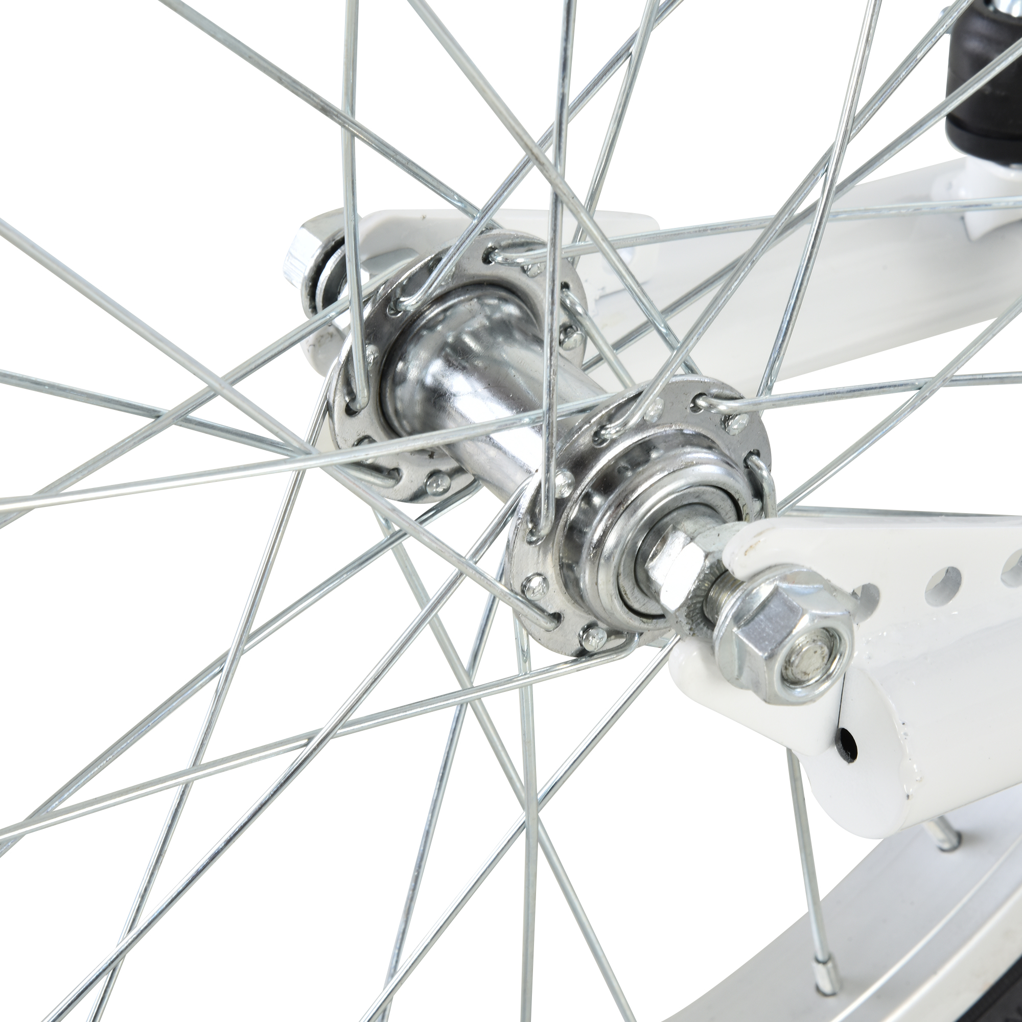 Primer plano de una rueda de bicicleta, que muestra el buje, los radios y la llanta. La rueda es blanca.