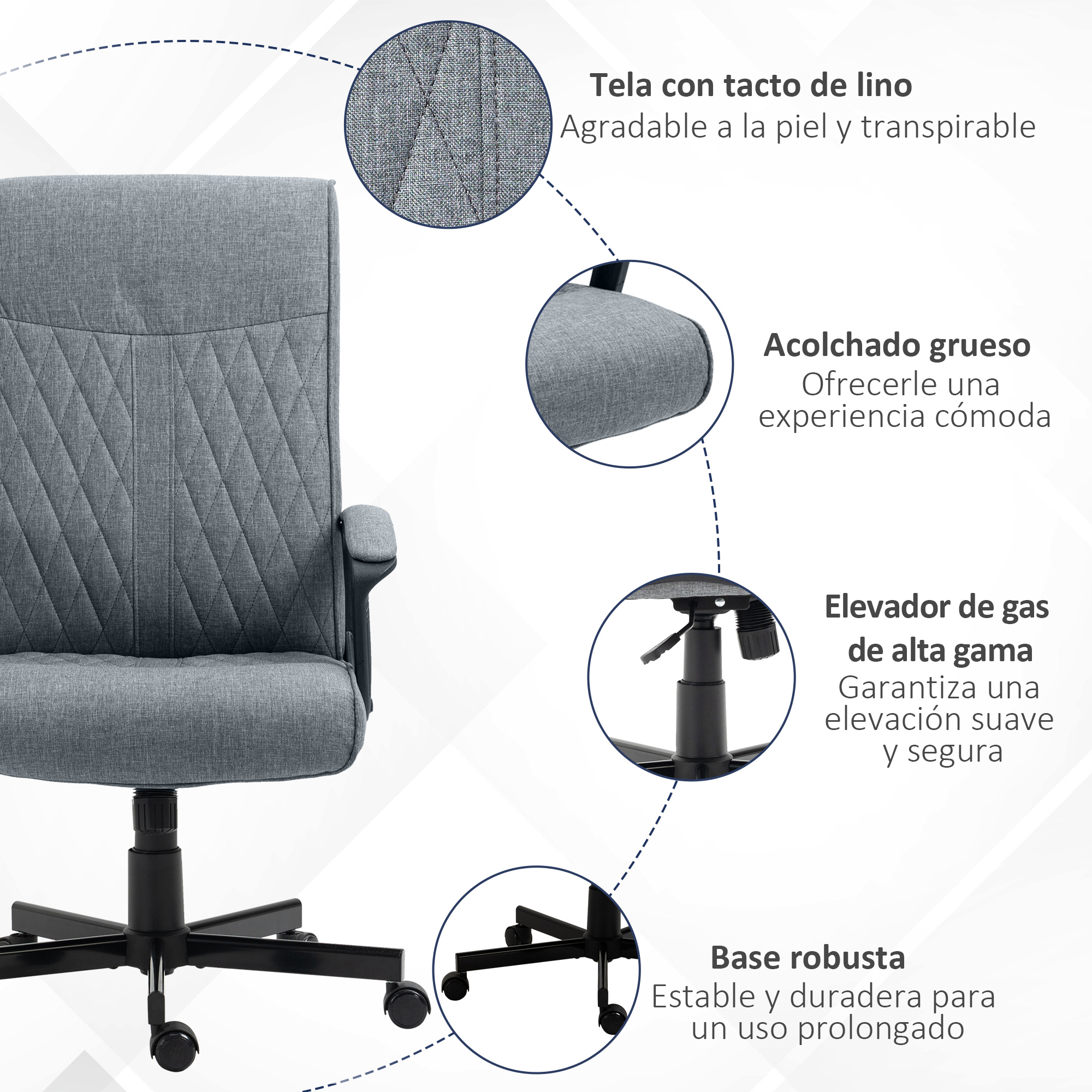 Silla de oficina con tela gris y base negra. Características como tacto lino, acolchado y elevador de gas destacados.