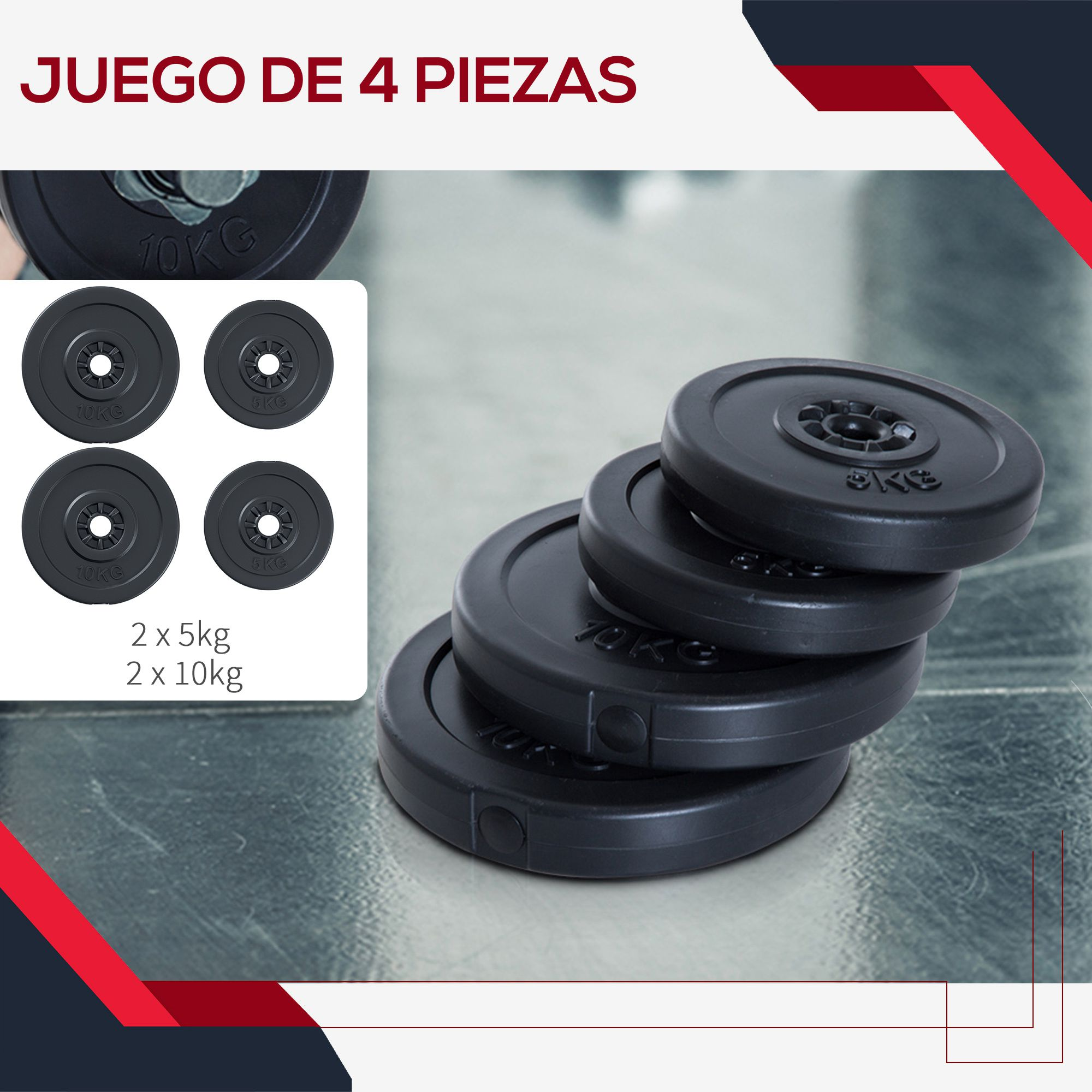 Platos de peso negros, 2x5kg y 2x10kg, apilados. Texto: Juego de 4 piezas.