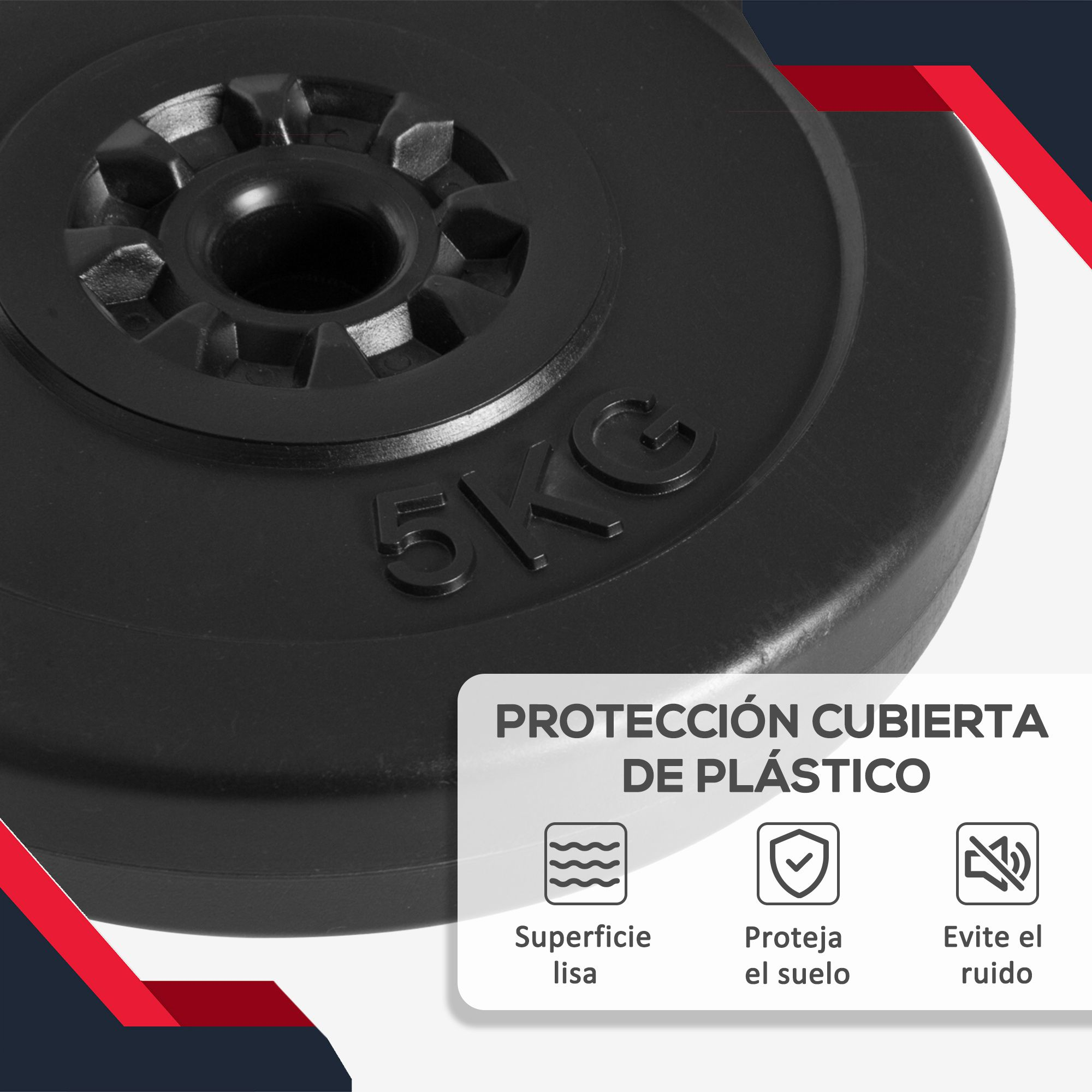 Plato de peso negro de 5 KG. Texto: 'PROTECCIÓN CUBIERTA DE PLÁSTICO', con iconos de superficie lisa, protege el suelo y reduce el ruido.