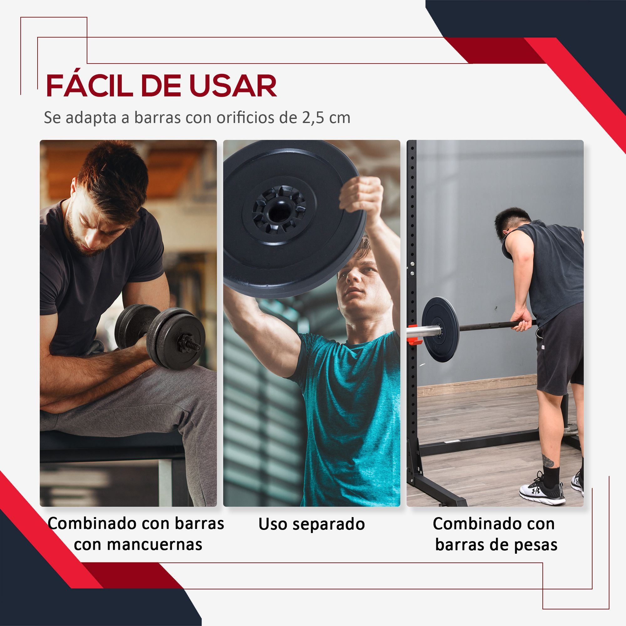 Imágenes de personas usando mancuernas, discos de pesas y barra. Relacionado con fitness.