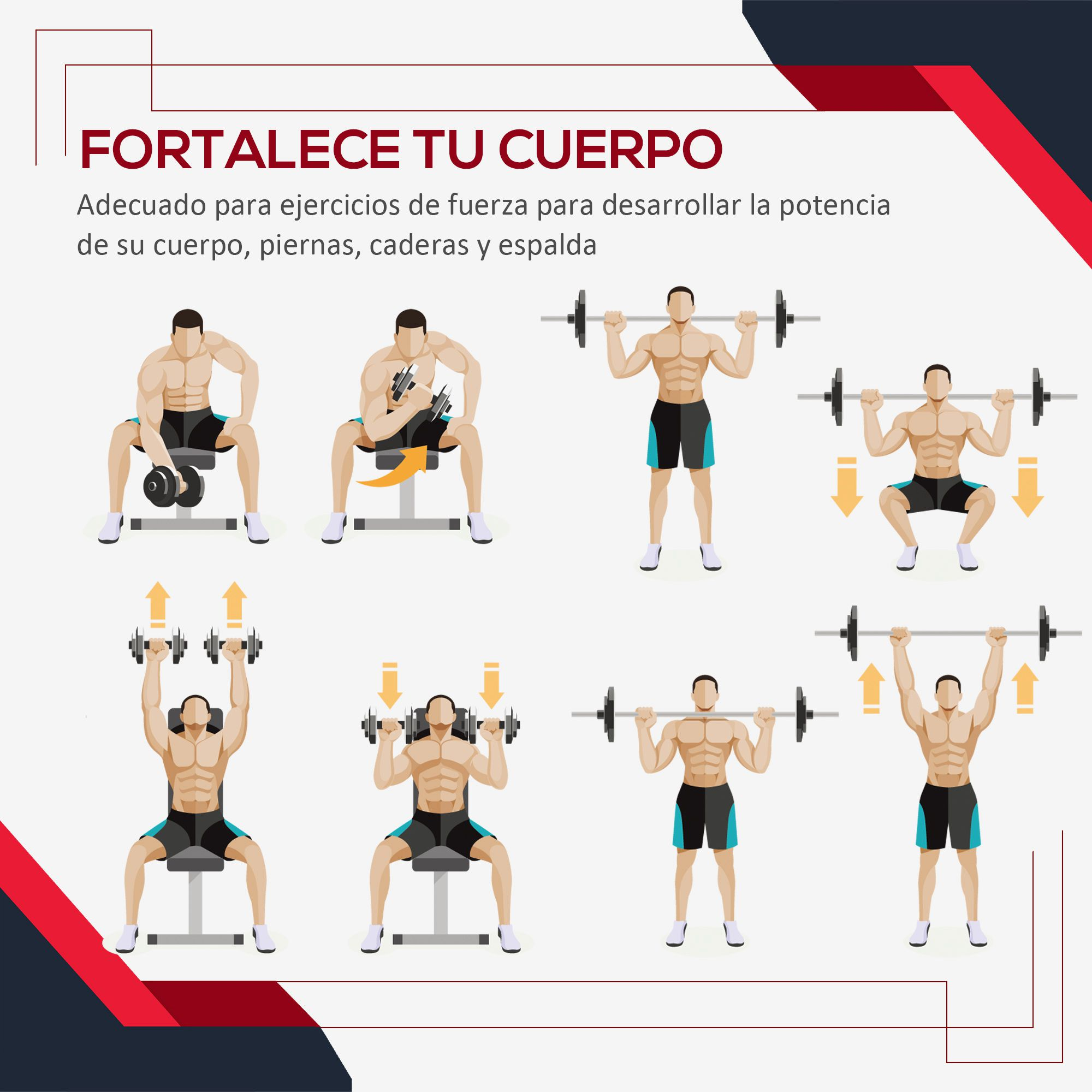 Ilustraciones de hombres haciendo ejercicio con pesas: press de banca, sentadillas y press por encima de la cabeza, mostrando diferentes ejercicios.