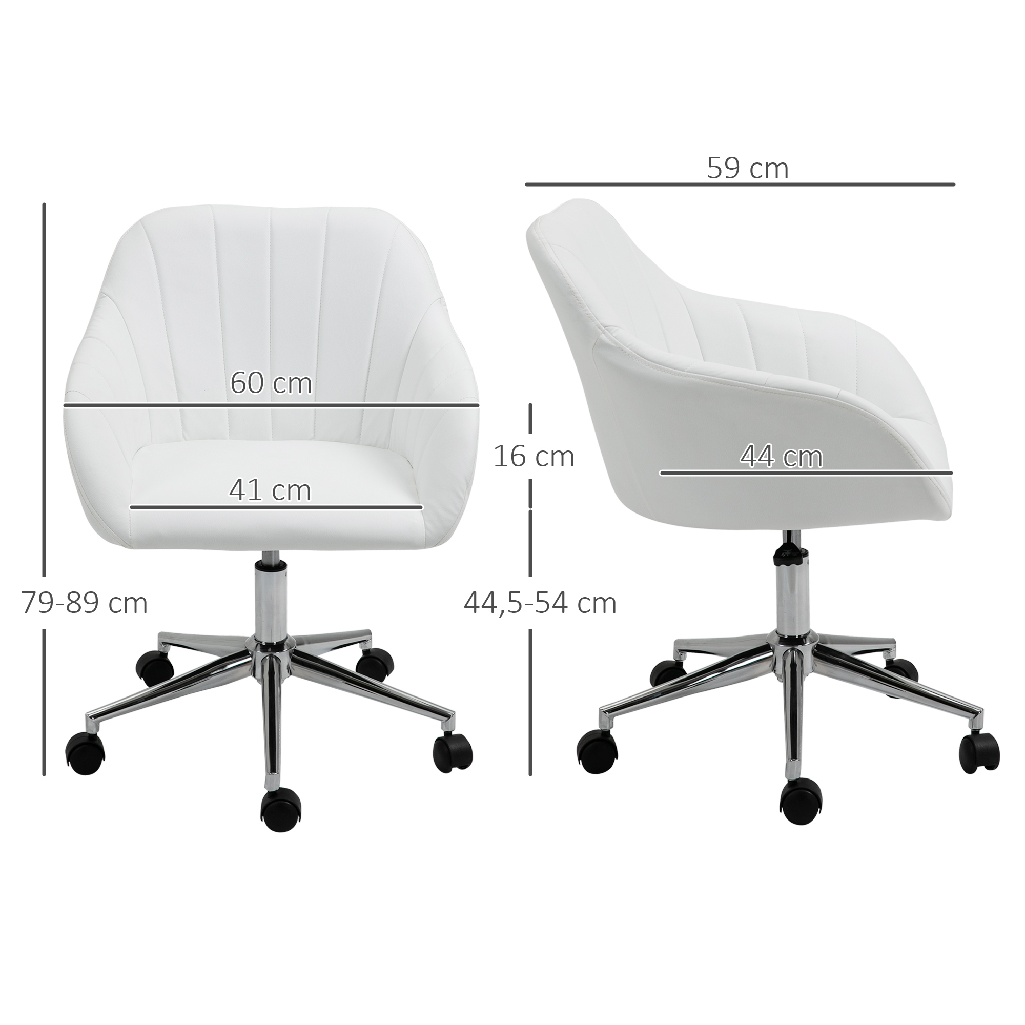 Silla de oficina blanca con medidas. Vistas lateral y frontal muestran dimensiones de altura y ancho.