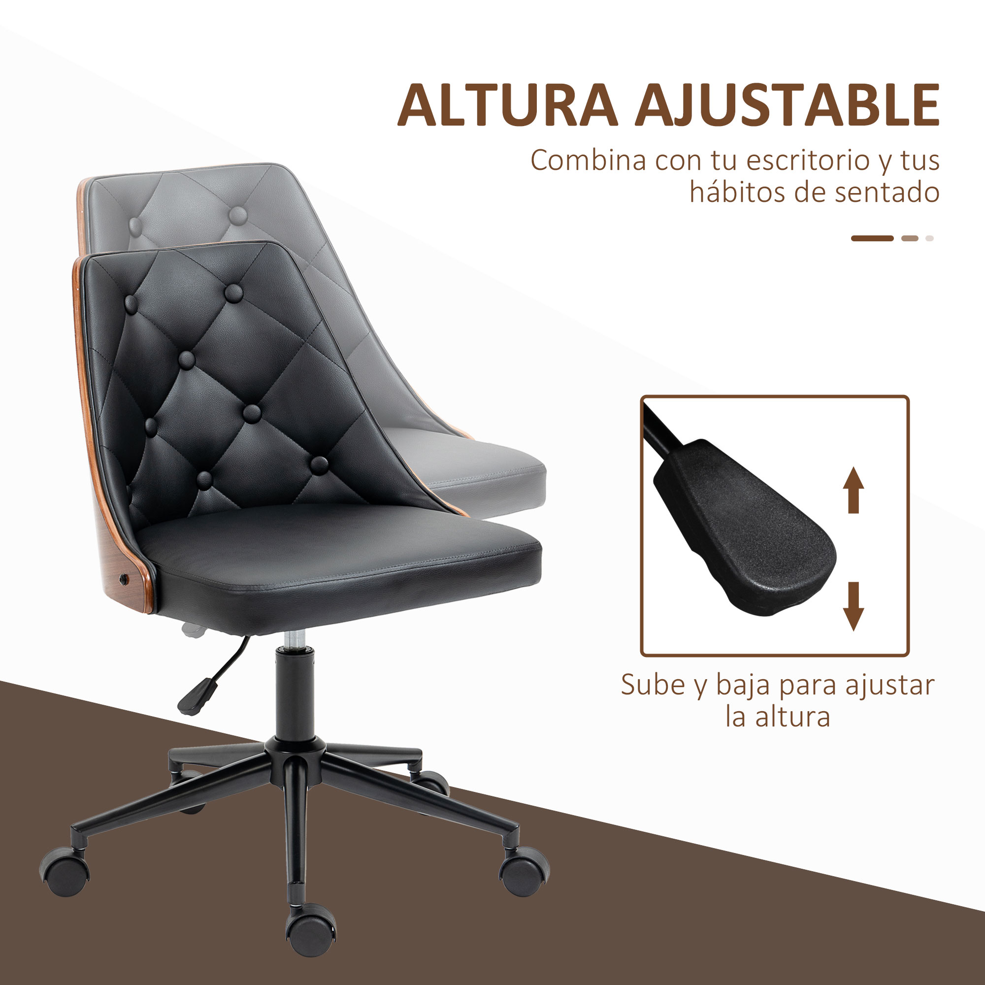 Silla de oficina negra y marrón con altura ajustable. La silla tiene un asiento negro y respaldo de madera.