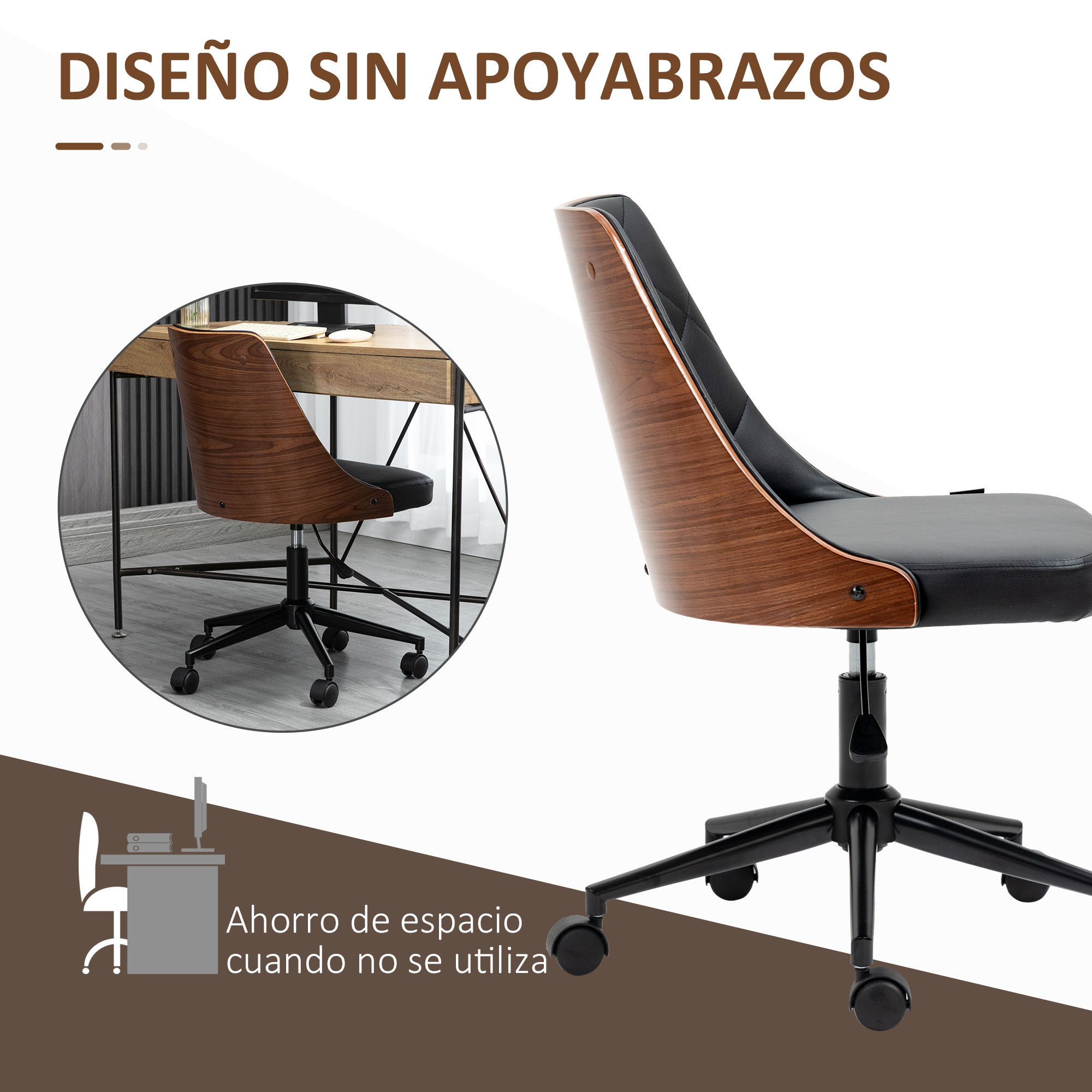 Una silla de oficina de madera con asiento y respaldo negros, junto a un escritorio.