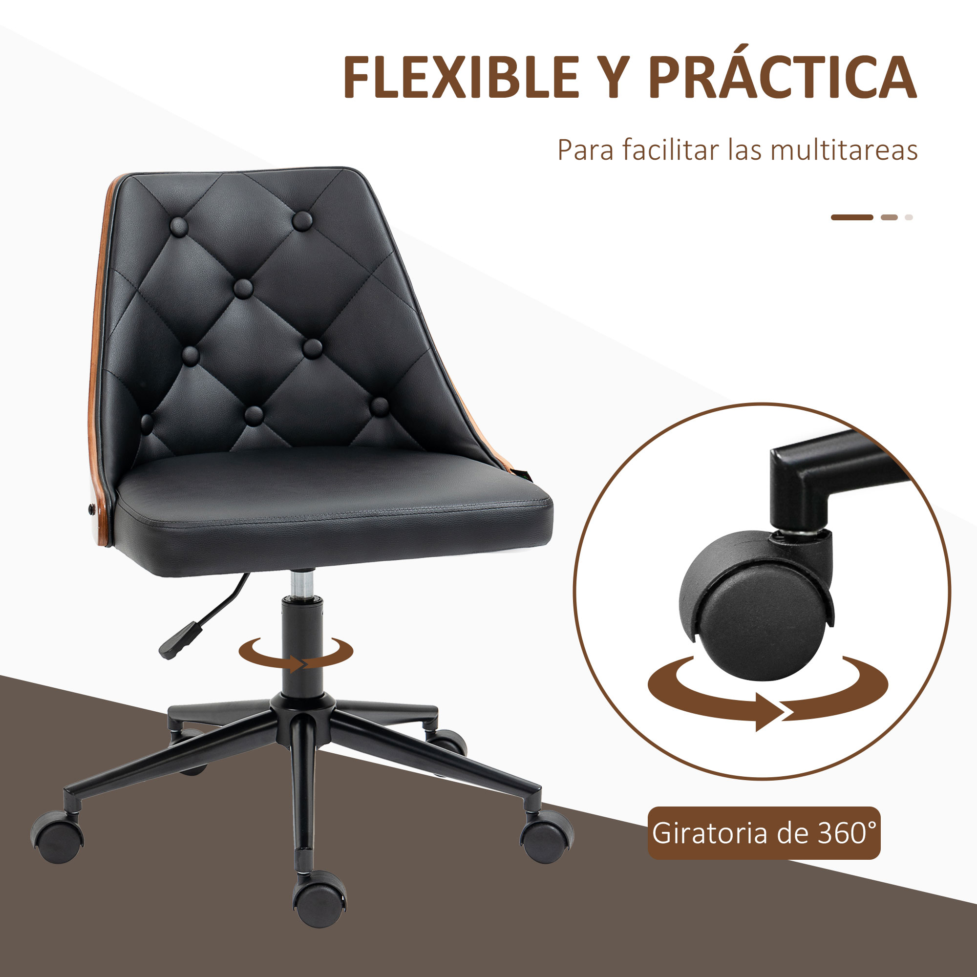 Silla de oficina negra con asiento acolchado negro y respaldo de madera.