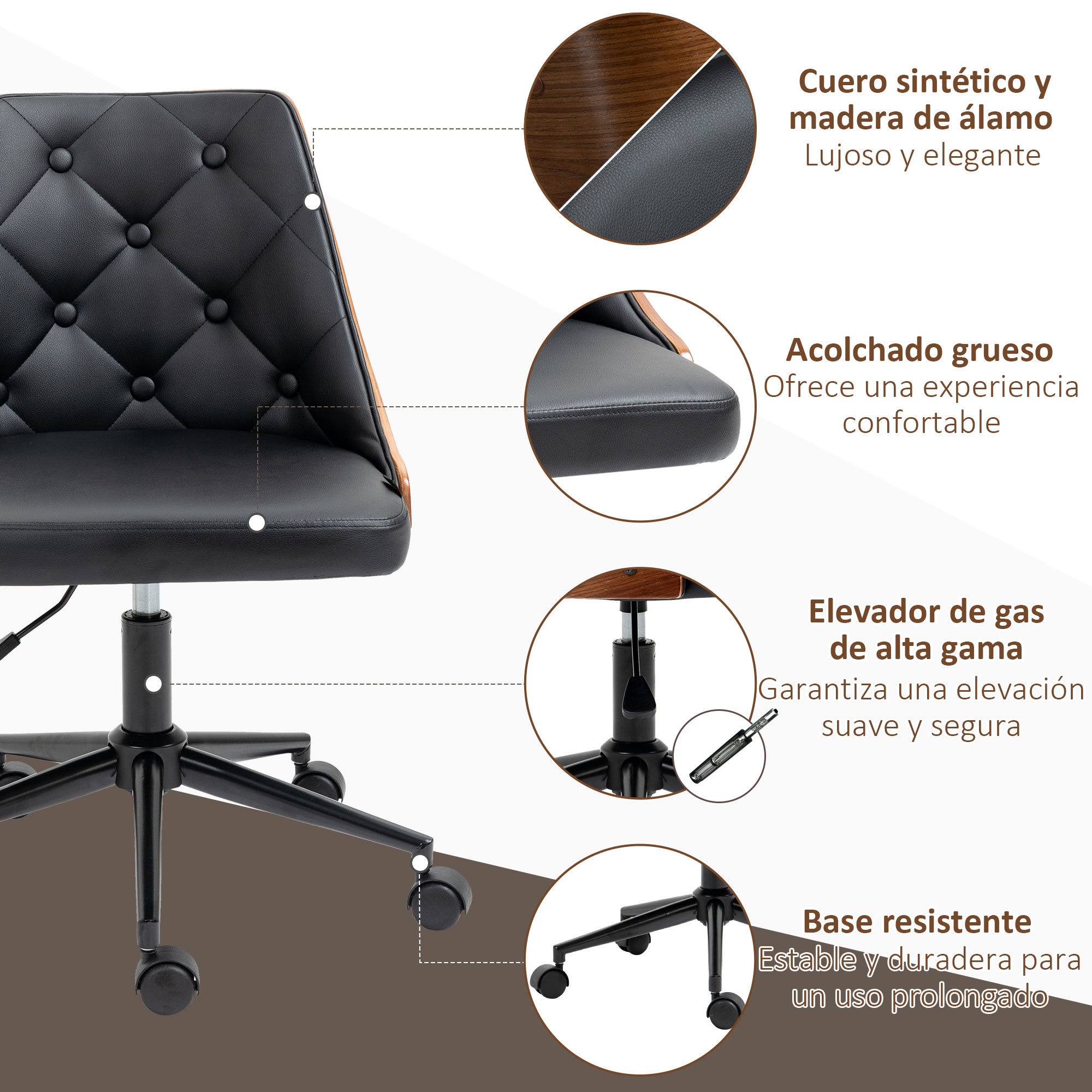 Una silla de oficina negra y de madera con detalles de sus características en círculos. La silla tiene ruedas.