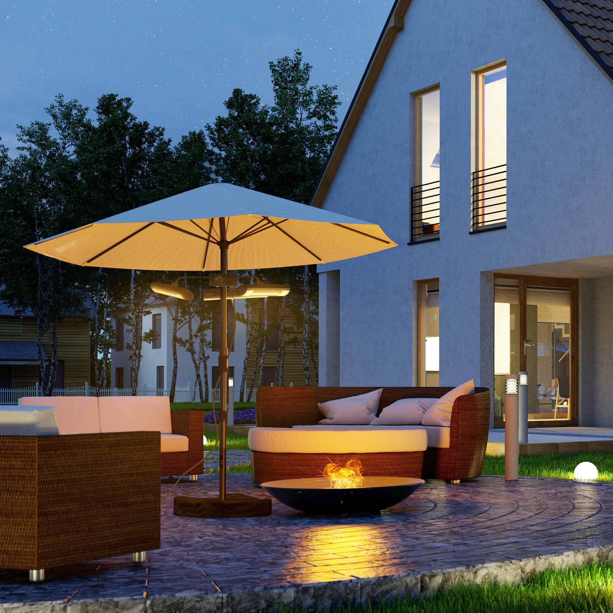 Escena nocturna al aire libre. Hoguera, muebles y sombrilla cerca de una casa con luces.