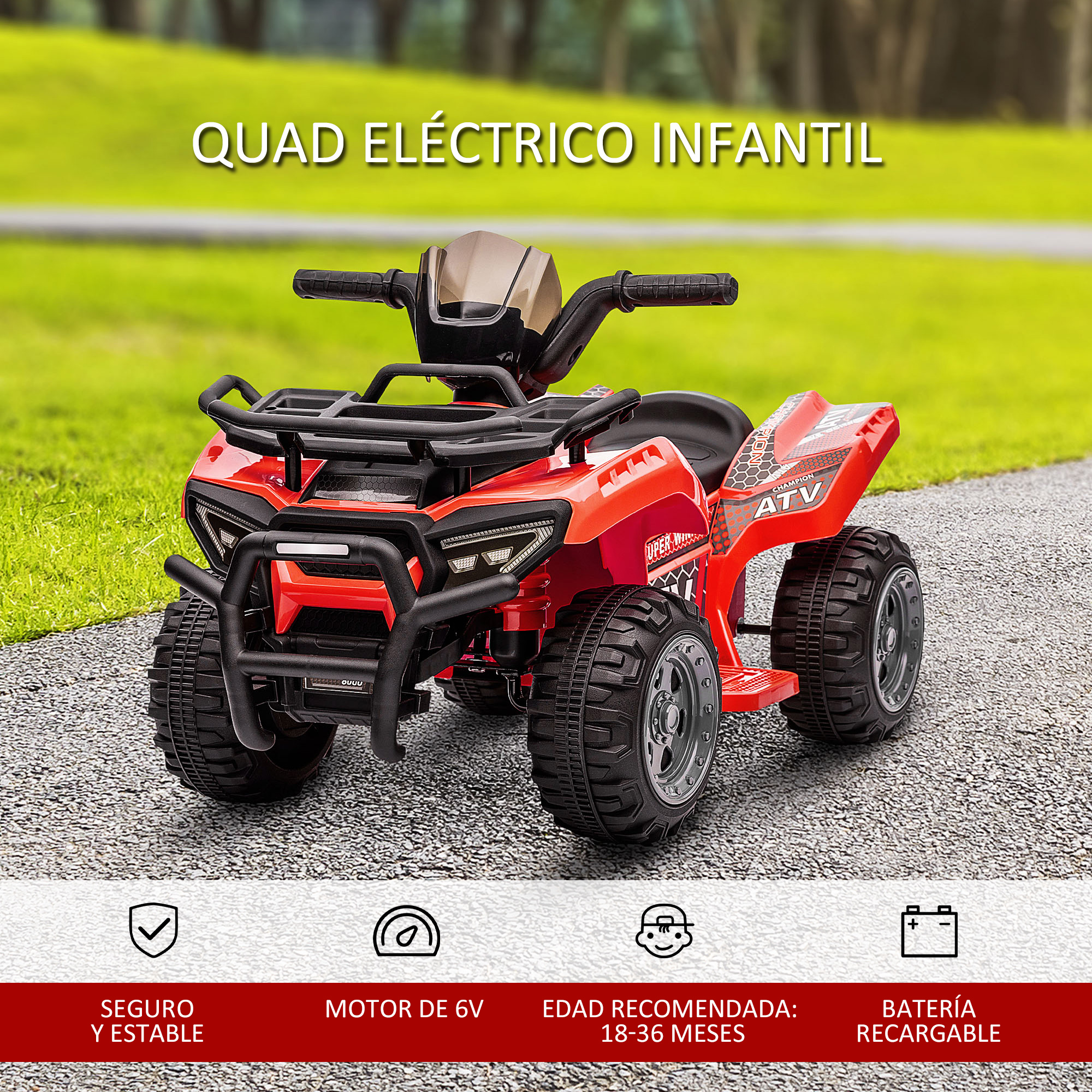 Quad ATV de juguete rojo con detalles negros, sobre superficie pavimentada, para niños.