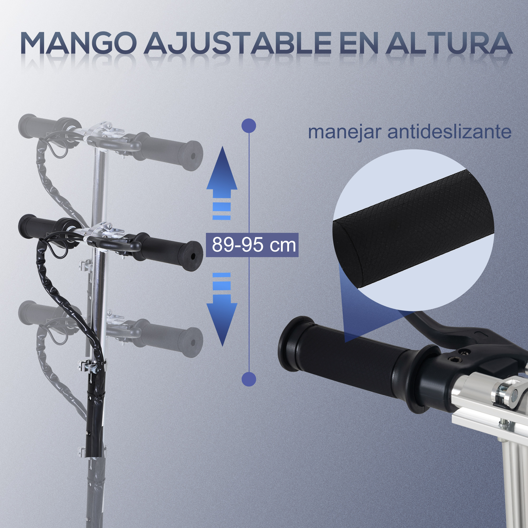 Primer plano del manillar del scooter. El texto muestra el rango de altura ajustable y las características del mango antideslizante.
