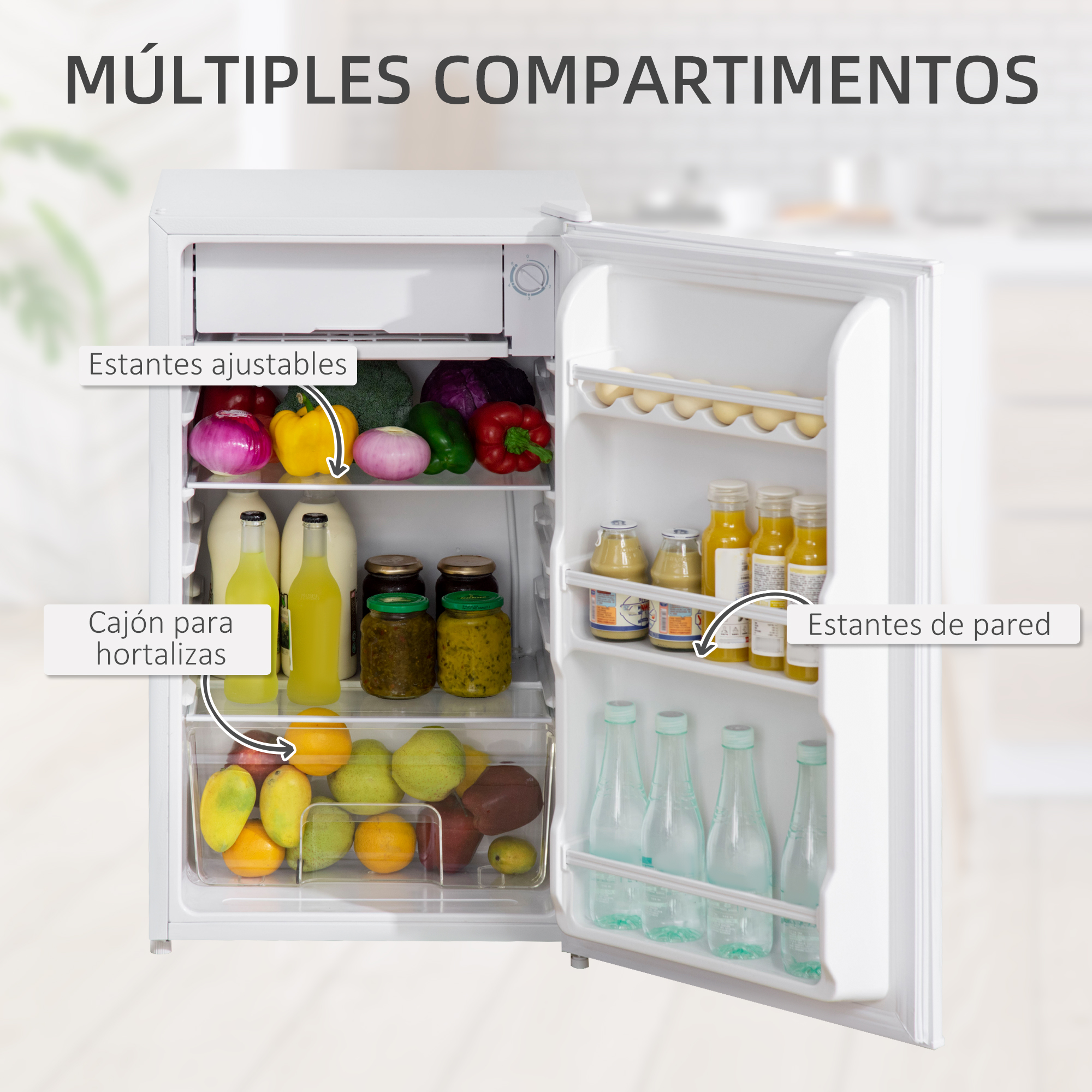 Refrigerador blanco abierto con compartimentos con frutas, verduras y frascos.