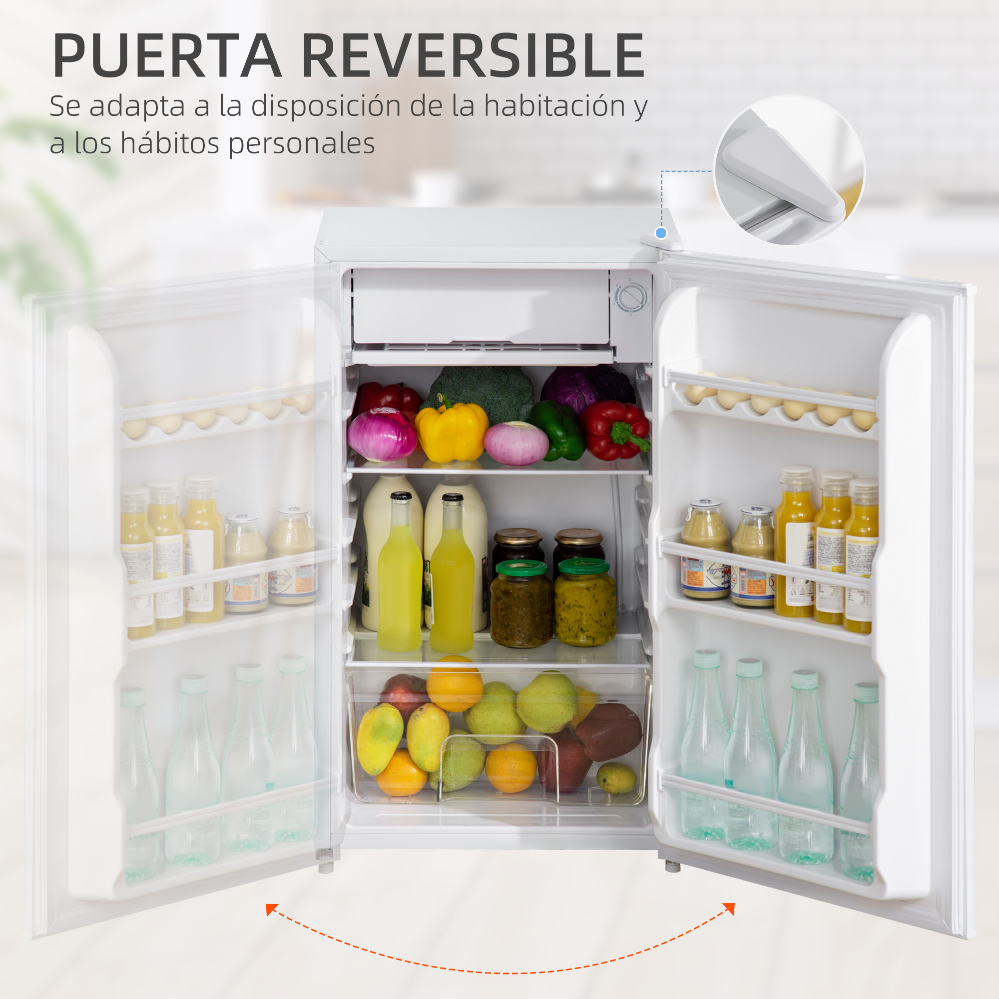Refrigerador blanco con puertas abiertas, lleno de alimentos. Texto menciona la puerta reversible.
