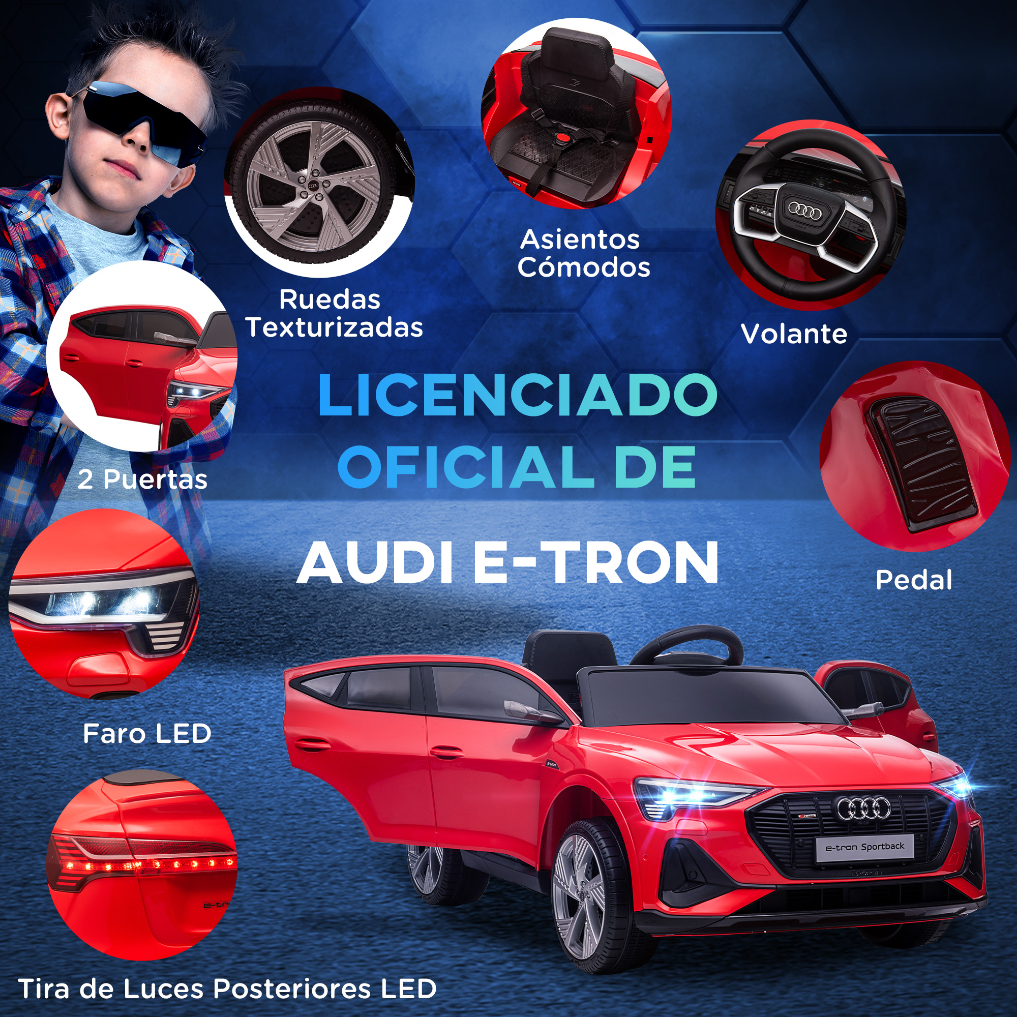 Un coche de juguete Audi e-tron rojo con múltiples características para niños. Incluye luces LED, ruedas y pedal.