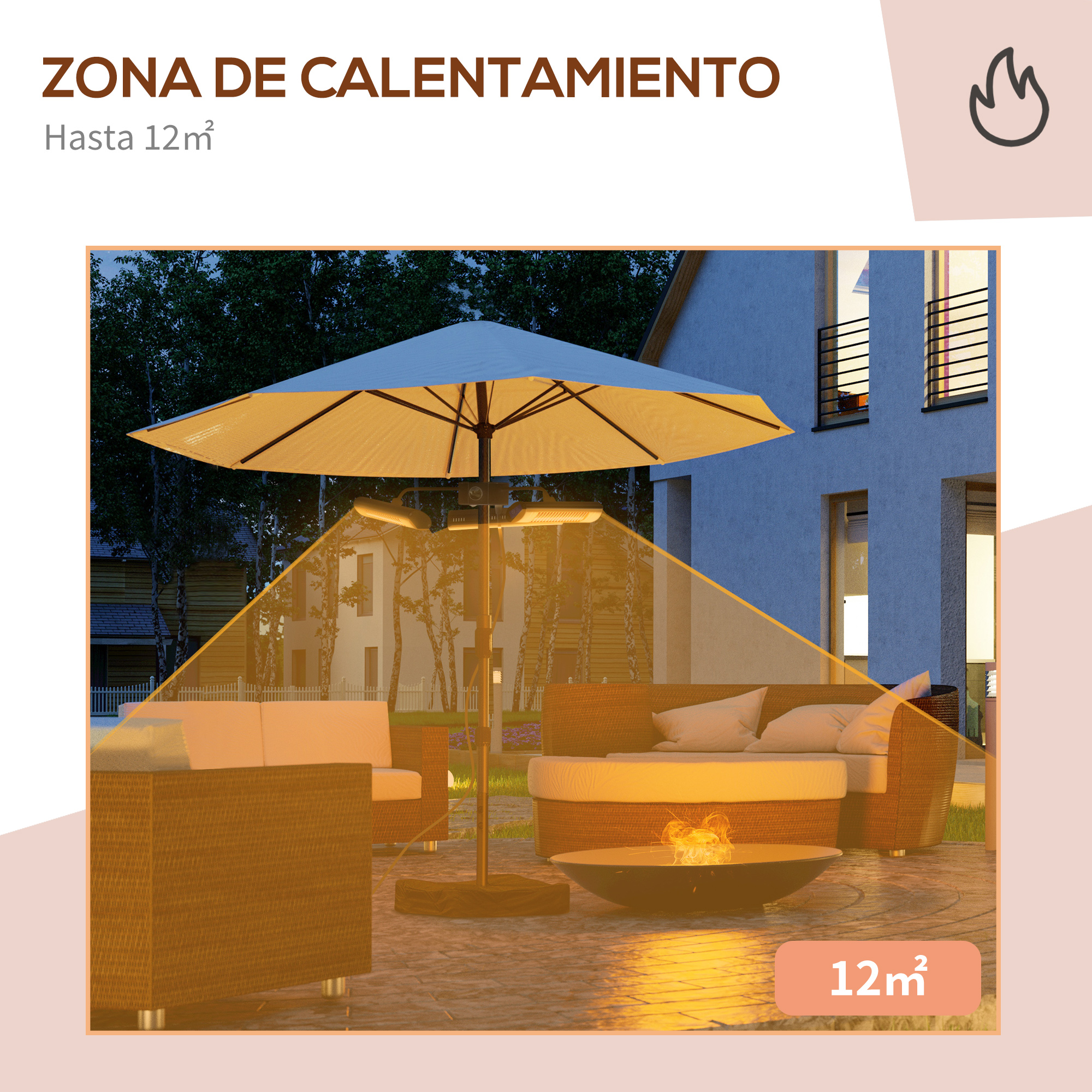Un calefactor para exteriores que proporciona calor. Tiene una sombrilla beige claro y zona de asientos debajo.