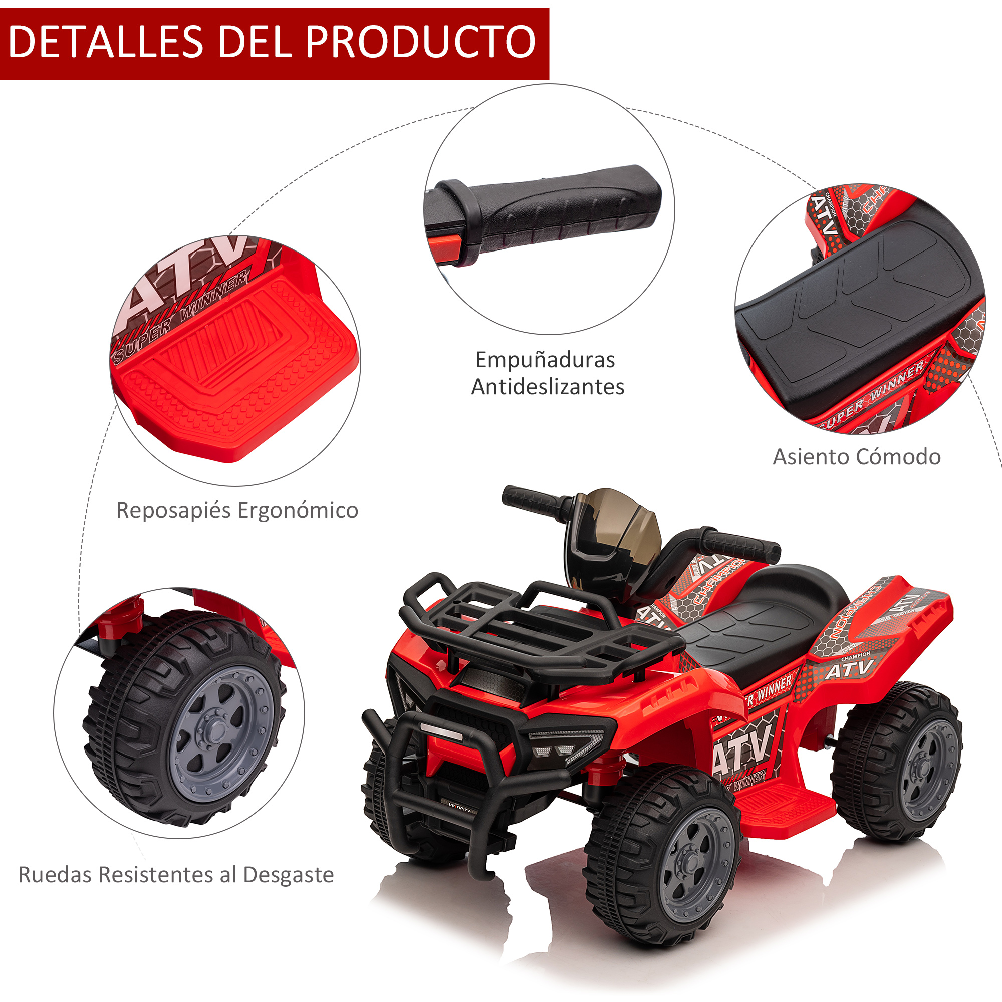 ATV de juguete rojo con reposapiés ergonómicos, mangos antideslizantes y ruedas resistentes al desgaste.