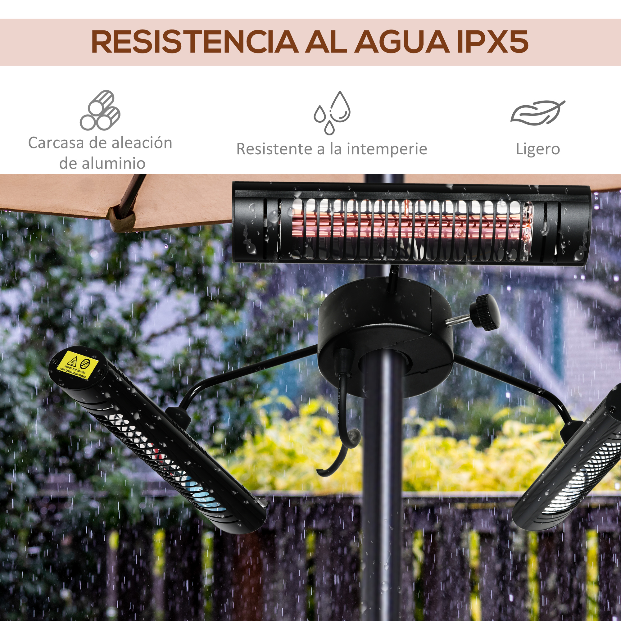 Un calefactor exterior con luces. El calefactor es negro. Tiene un paraguas marrón. Está lloviendo.