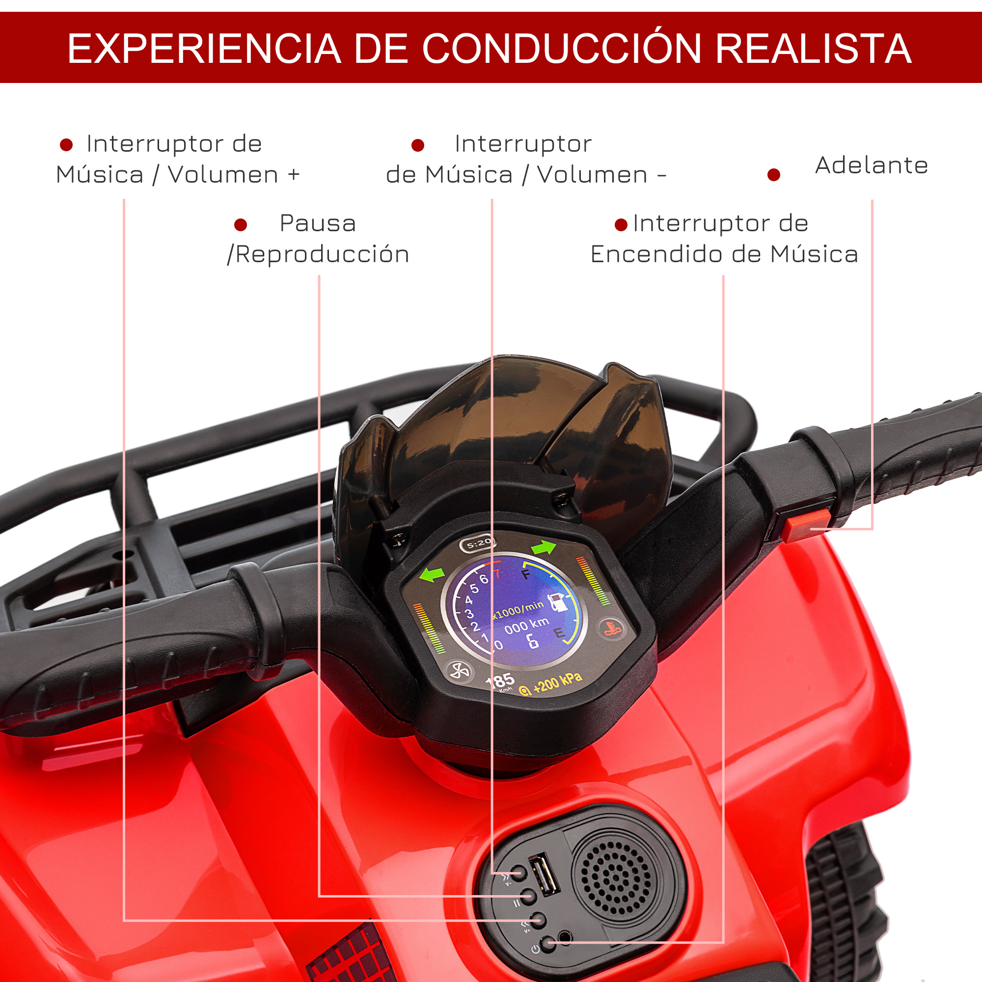 Panel de control de moto de juguete rojo con botones de música, volumen y encendido, mostrando velocidad.