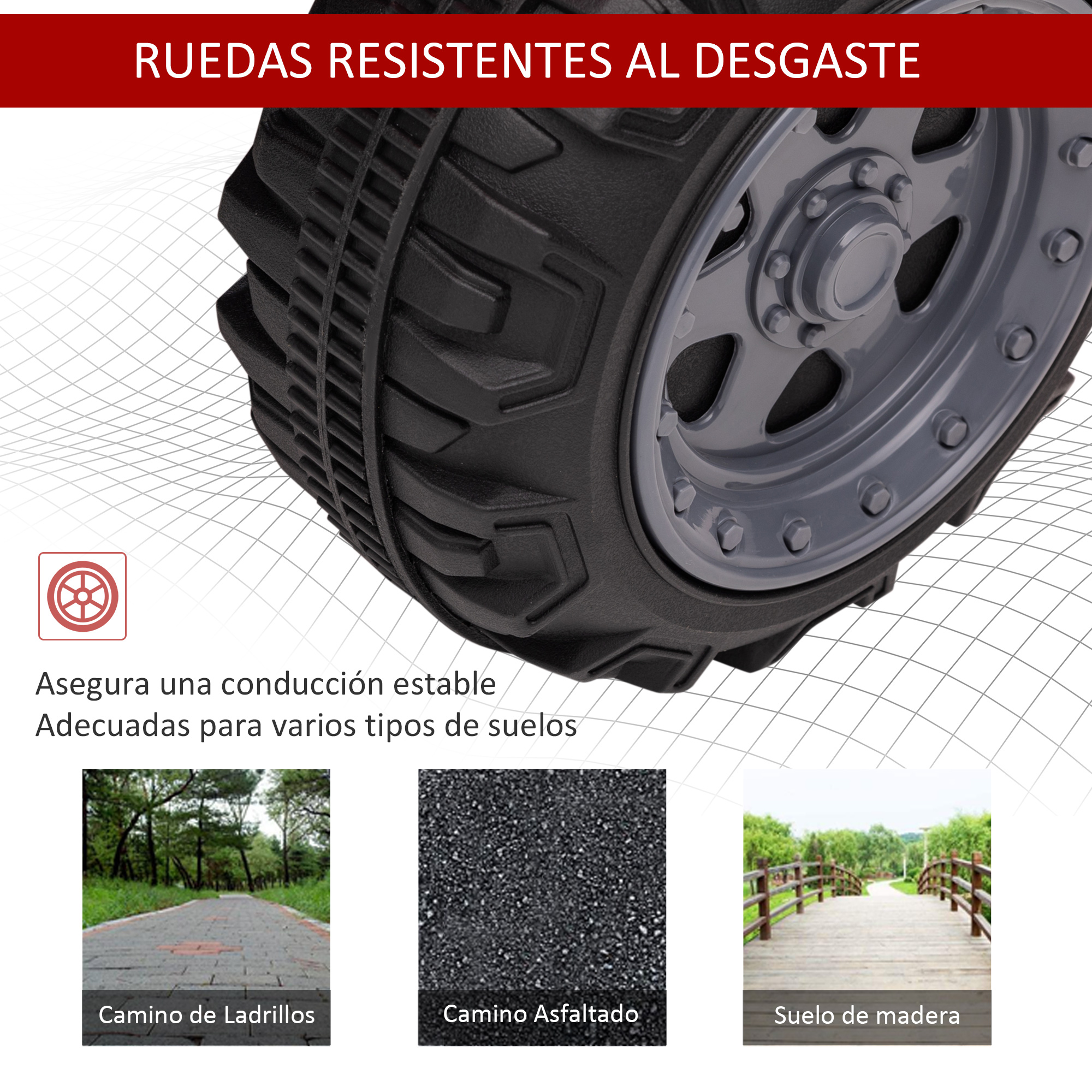 Primer plano de un neumático con ruedas resistentes al desgaste, que se muestra con diferentes tipos de suelo: camino de ladrillos, asfalto y suelo de madera.