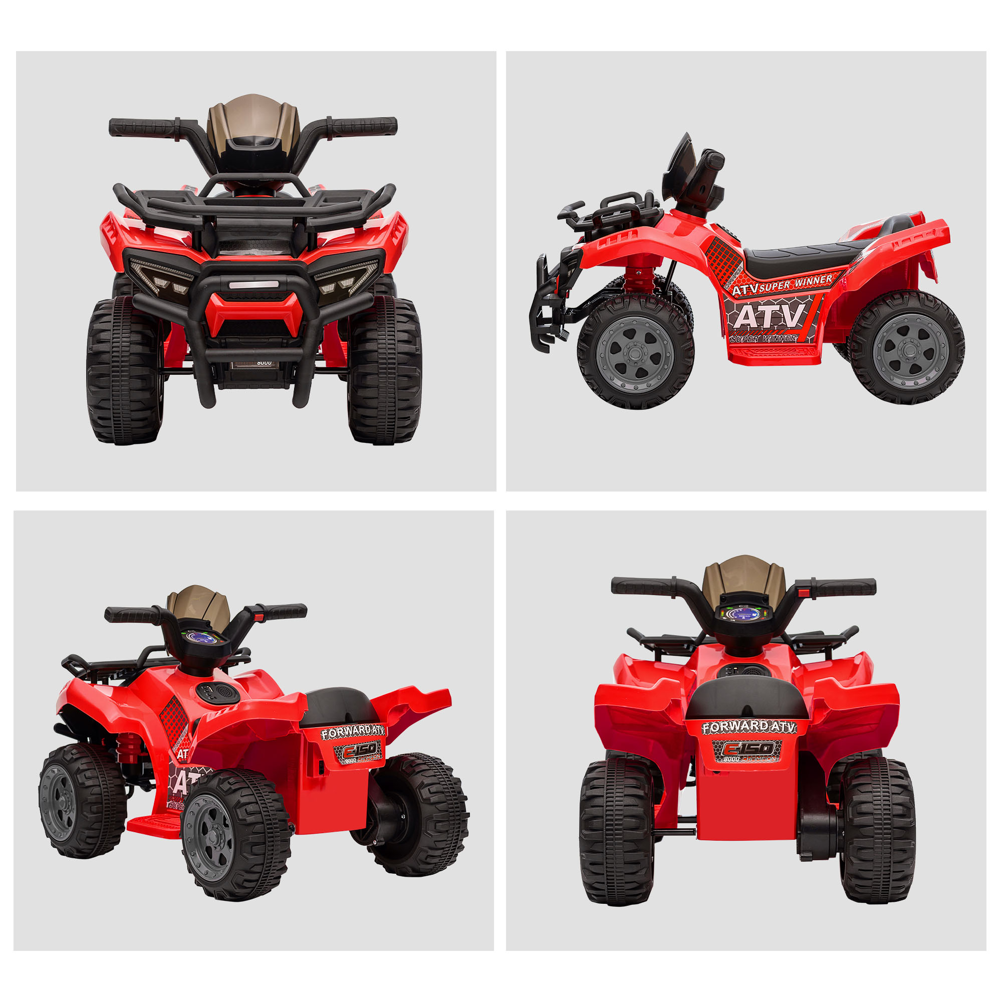 Cuatro vistas de un juguete ATV rojo con detalles negros, sobre fondo gris claro.