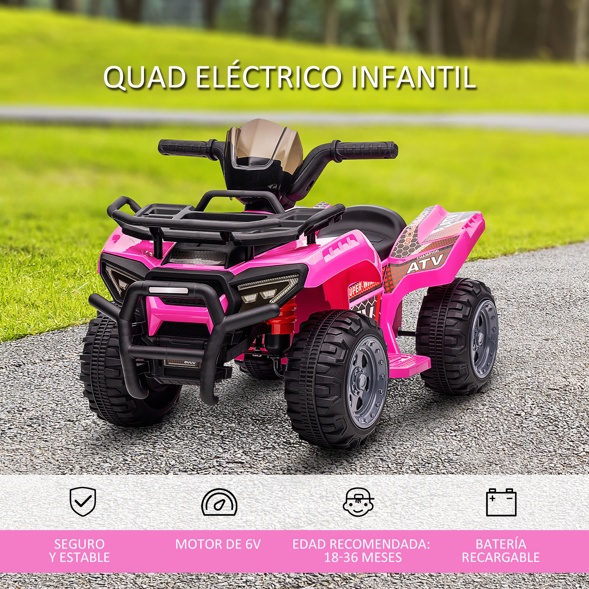 Un quad eléctrico rosa para niños, con características como estable, motor de 6V y batería recargable.