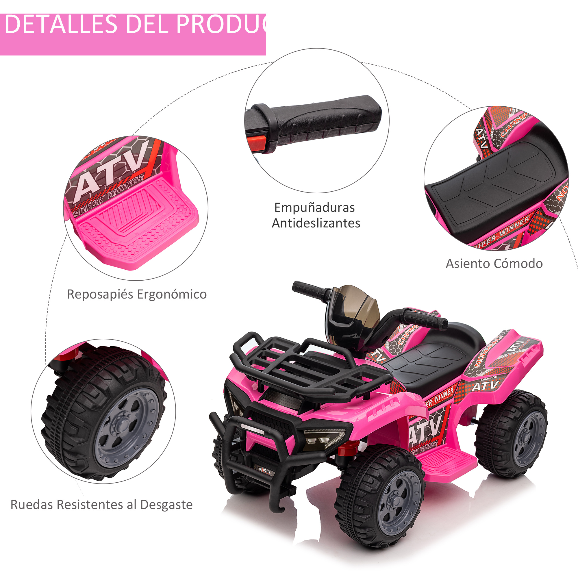 Primer plano de un juguete ATV rosa con partes etiquetadas: reposapiés, manijas.
