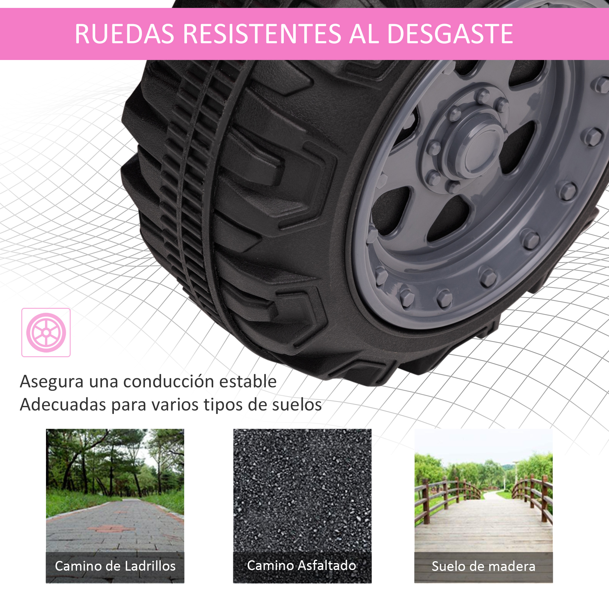 Primer plano de una rueda de coche de juguete que muestra la resistencia de los neumáticos y las superficies para las que es adecuado conducir.