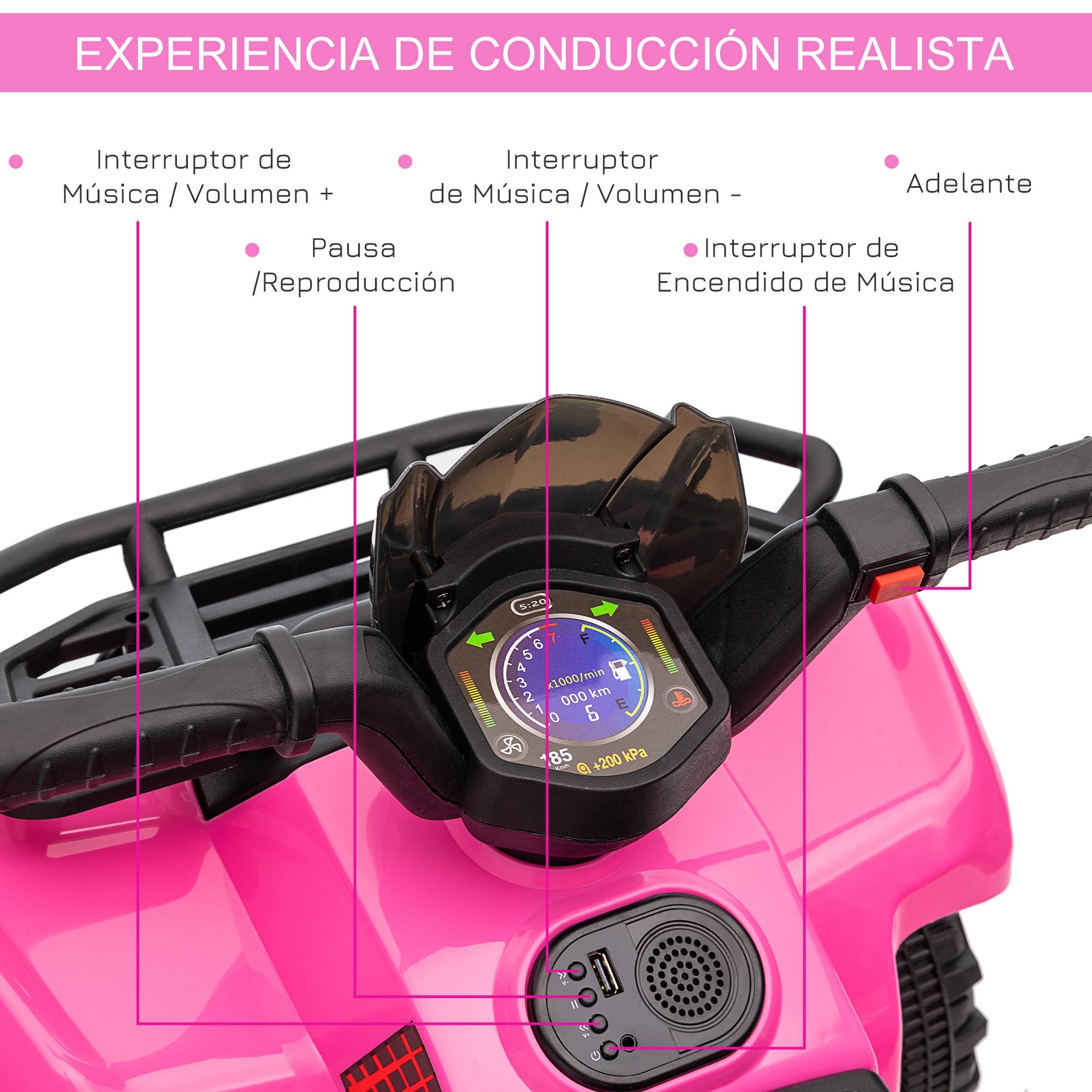 Panel de control de una moto de juguete rosa, que muestra controles y detalles como el velocímetro y botones de música.