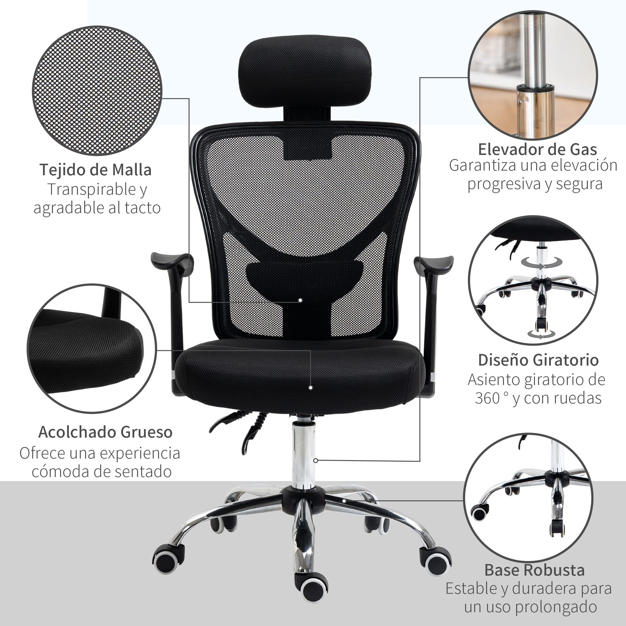 Una silla de oficina negra con malla. La silla tiene reposacabezas y base con ruedas. Partes etiquetadas.